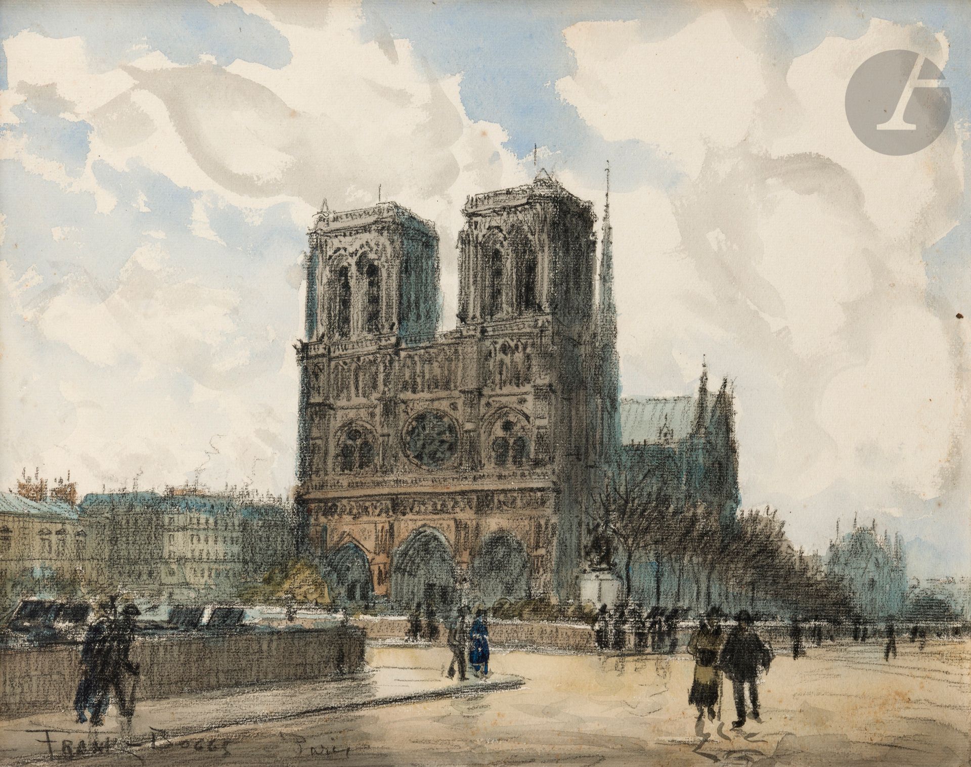 Frank-Myers BOGGS (1855-1926)
Paris, Notre-Dame
Charcoal and watercolor.
Signed and located lower left.
33 x 41 cm