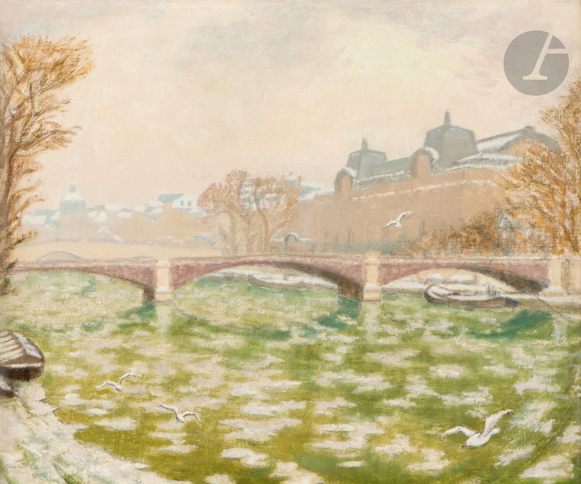 Charles LACOSTE (1870-1959)
Paris, la Seine
Huile sur toile.
(Rentoilée).
46 x 55 cm