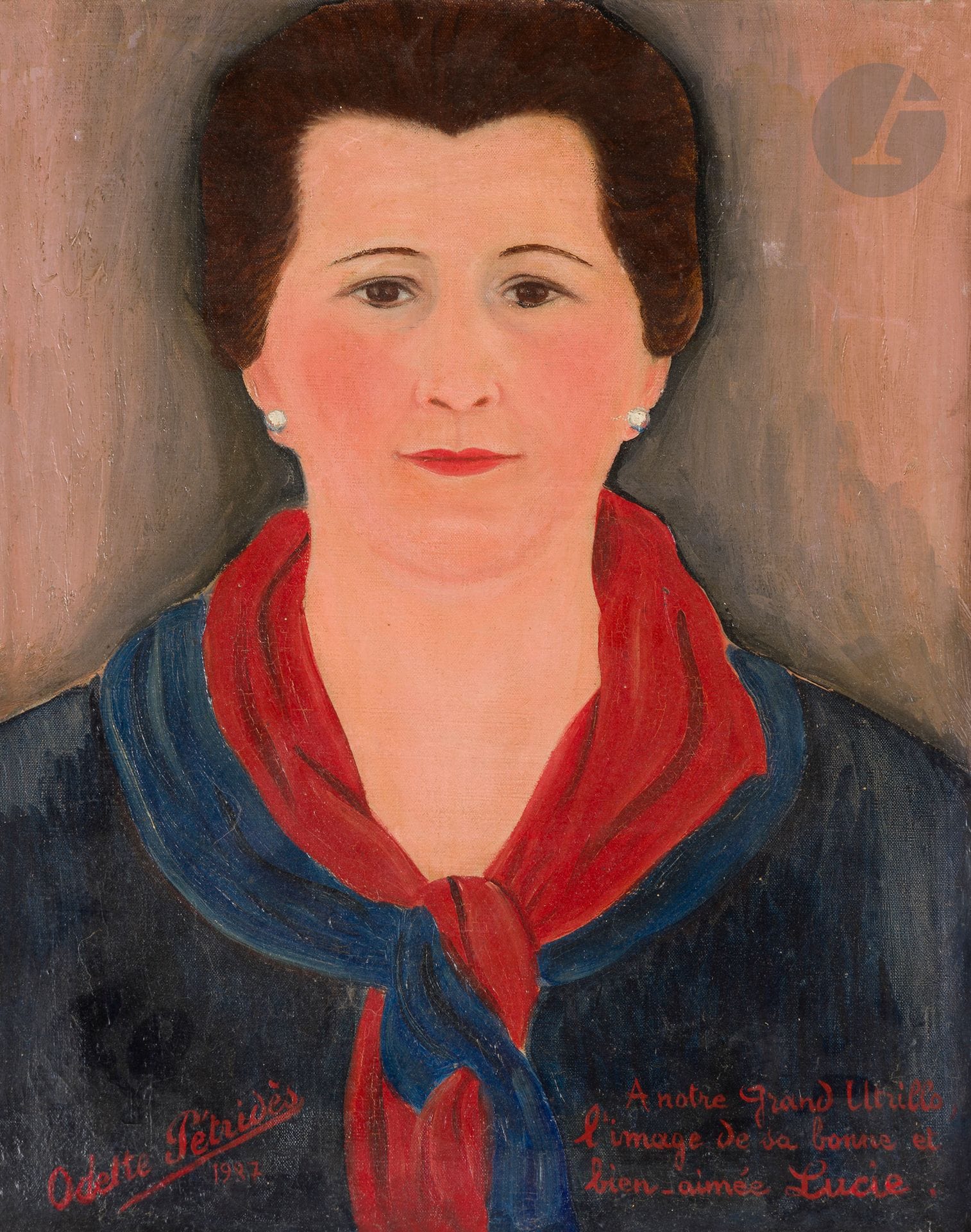 Odette PÉTRIDÈS (XXe siècle)
Portrait de Lucie Veau dite Lucie Valore, 1937
Huile sur toile.
Signée et datée en bas à gauche. 
Dédicacée « à notre grand Utrillo, l'image de sa bonne et bien-aimée Lucie » en bas à gauche.
41 x 34 cm

Exposition : 
La Famille des Portraits, Musée des Arts décoratifs, Paris, 25 octobre - 18 février 1980, n° 172 (étiquette au dos).