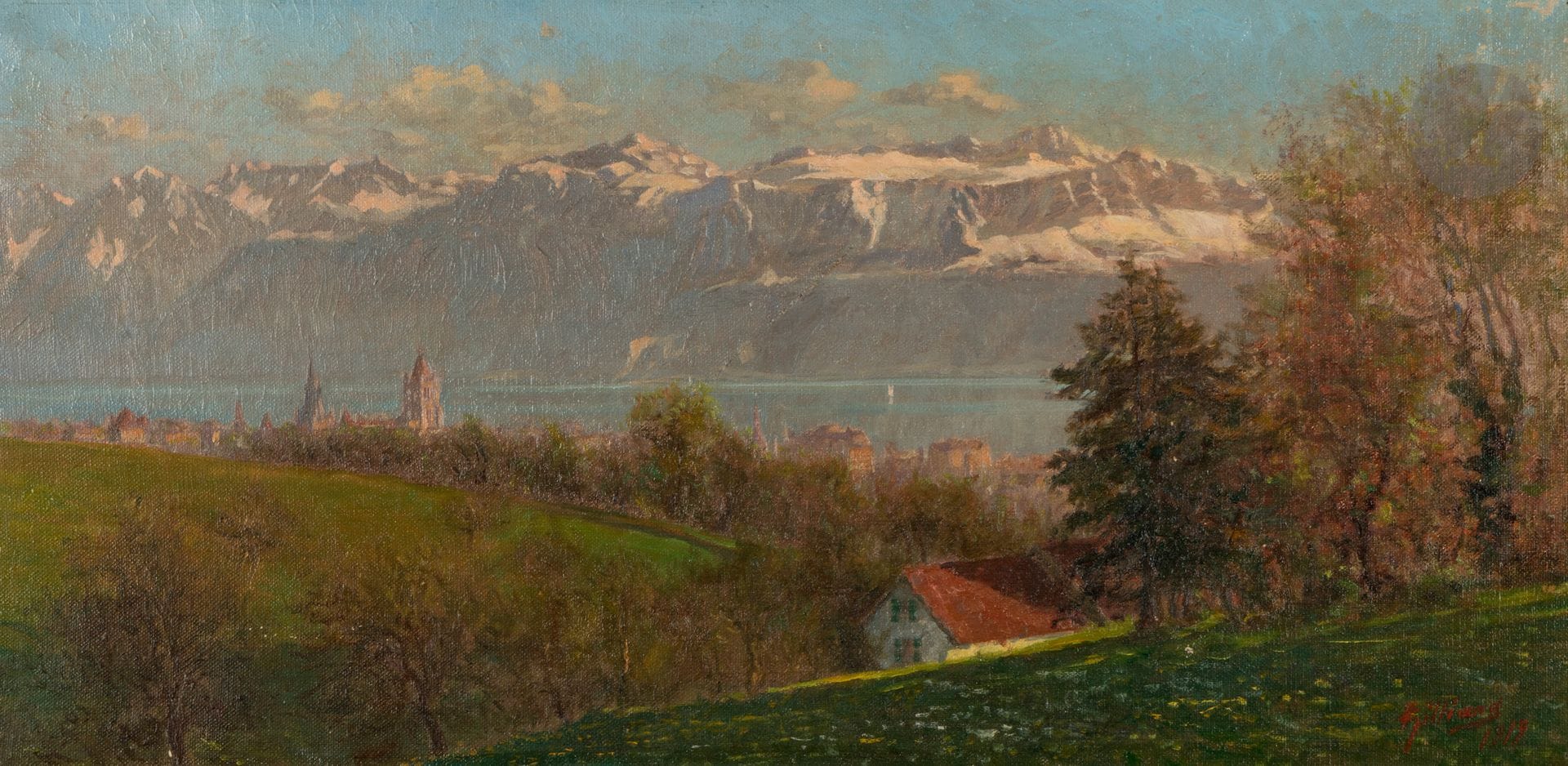 Vincent Aimé GILLIAND (1884-1942)
Vue de Lausanne, 1919
Huile sur toile.
Signée et datée en bas à droite.
(Restaurations).
38 x 55 cm