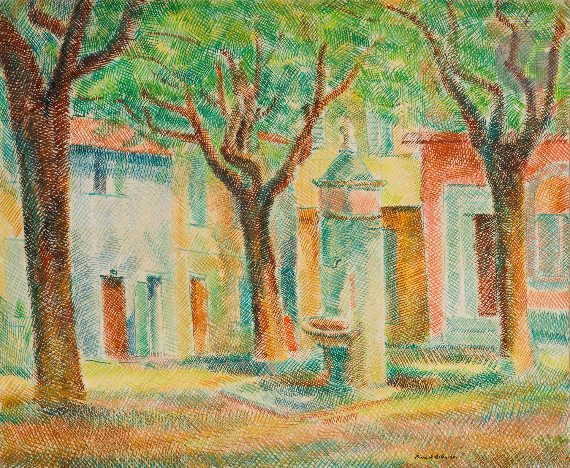Pierre de BELAY (1890-1947)
Place des remparts, Saint Tropez, 1940
Huile sur toile.
Signée et datée en bas à droite.
Signée, datée et titrée au dos sur le châssis.
50 x 61 cm