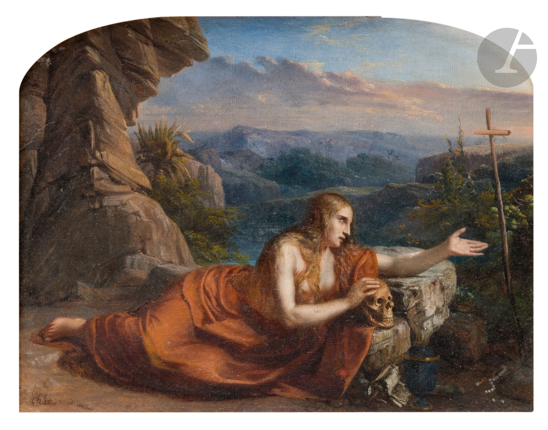 Charles FOURNIER (1803-1854)
Marie Madeleine dans le désert
Toile et châssis d'origine
Trace de signature en bas à gauche "Ch. F.." ; porte une attribution au dos sur le châssis : "Ch. FOURNIER "
27,5 x 35 cm
