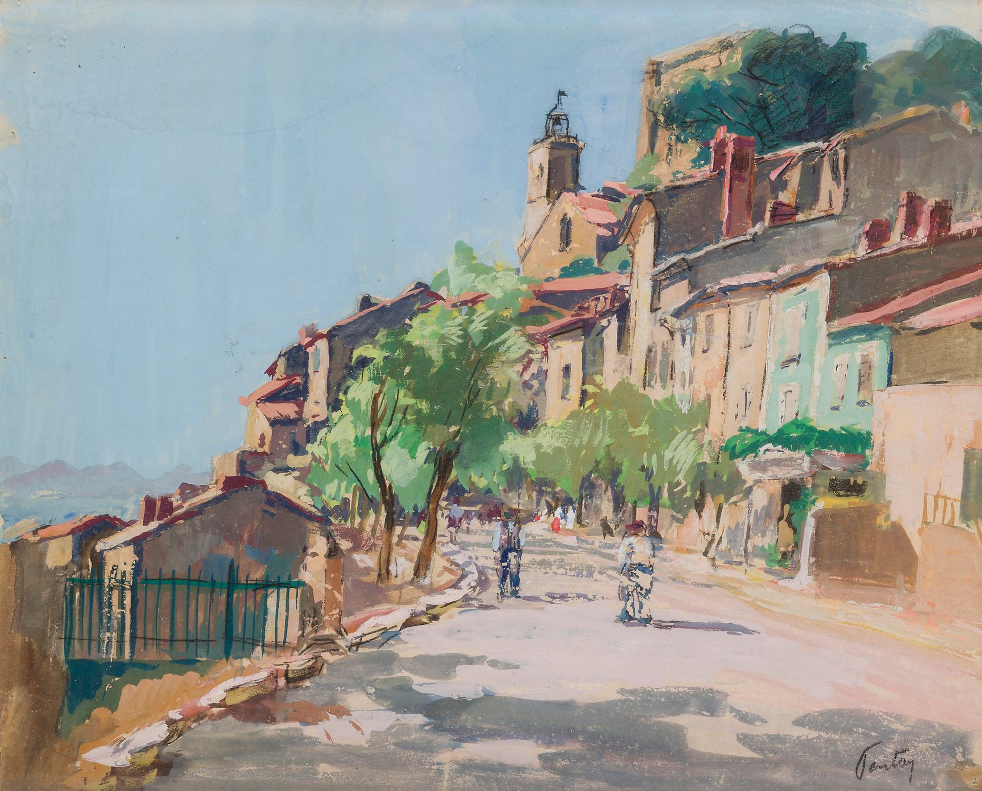 Henri-Jean PONTOY (1888-1968)
Rue de village animée, Corse
Gouache.
Signée en bas à droite.
(Petites usures).
36 x 44 cm