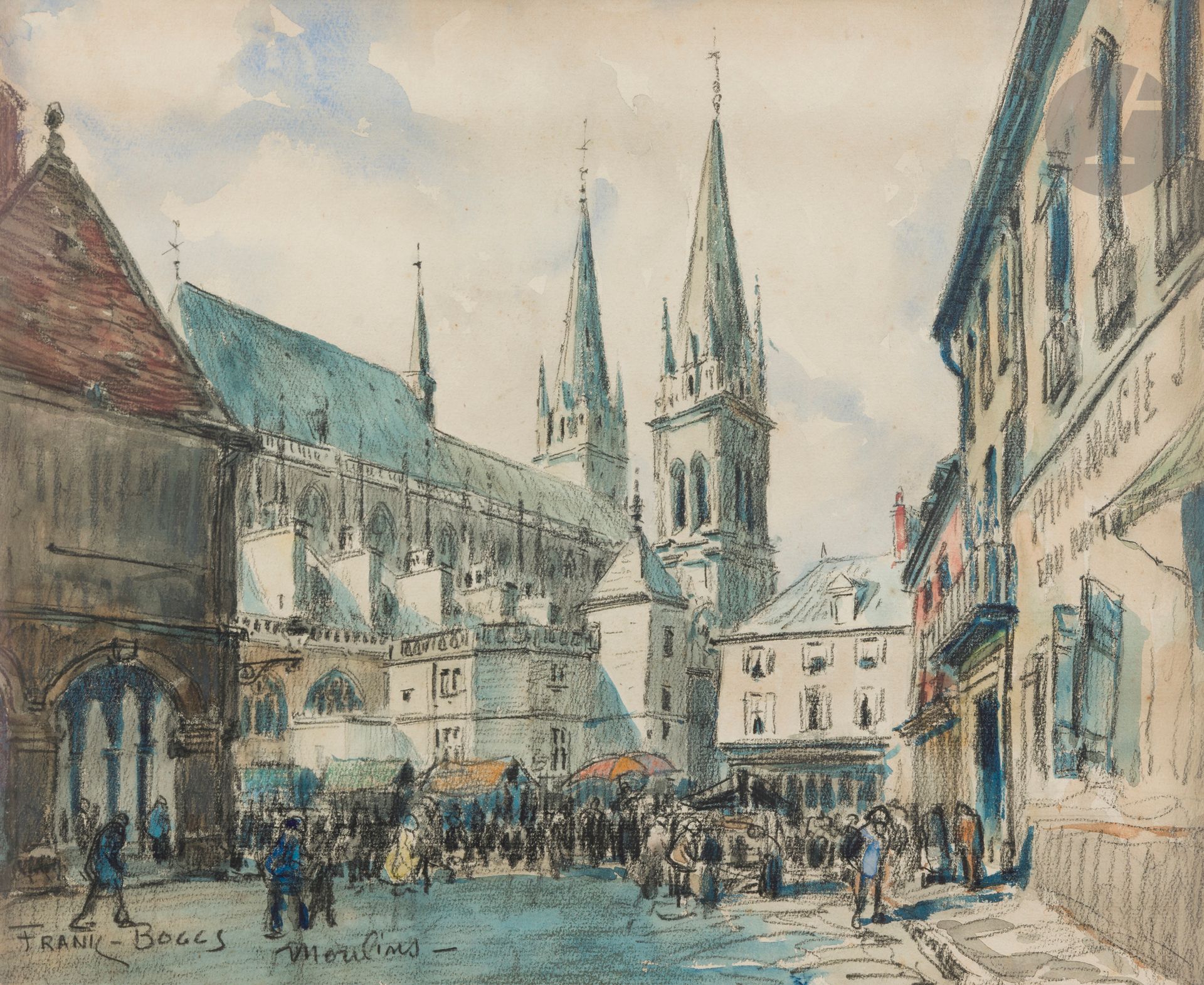 Frank-Myers BOGGS (1855-1926)
Marché à Moulins
Fusain et aquarelle.
Signé et situé en bas à gauche.
(Infimes rousseurs).
31.5 x 39.5 cm