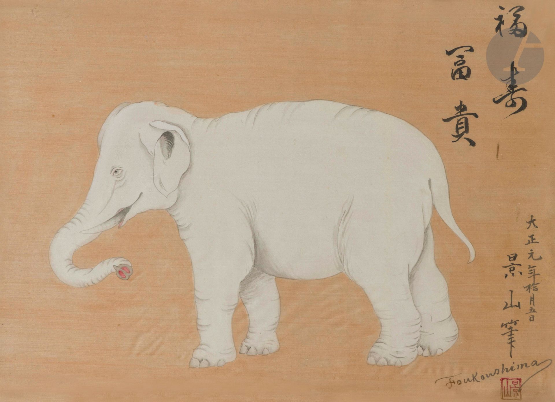 FOUHKOUSHIMA (XXe siècle)
Éléphant blanc
Encre et gouache sur soie.
Signée en bas à droite.
26 x 33.5 cm