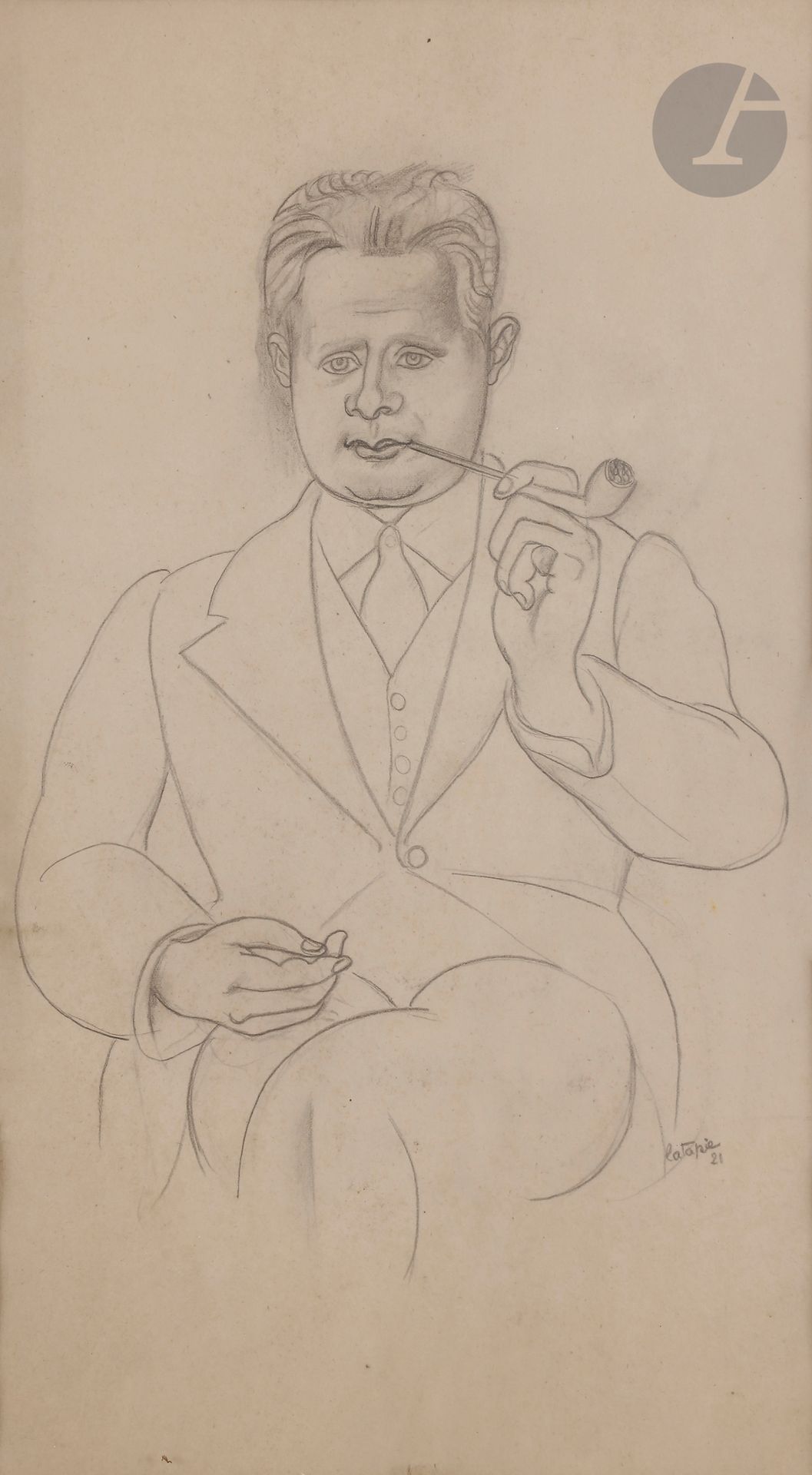 Louis LATAPIE (1891-1972) 
Portrait d'homme à la pipe, 1921 
Crayon et estompe. 
Signé et daté en bas à droite. 
42,5 x 23,5 cm