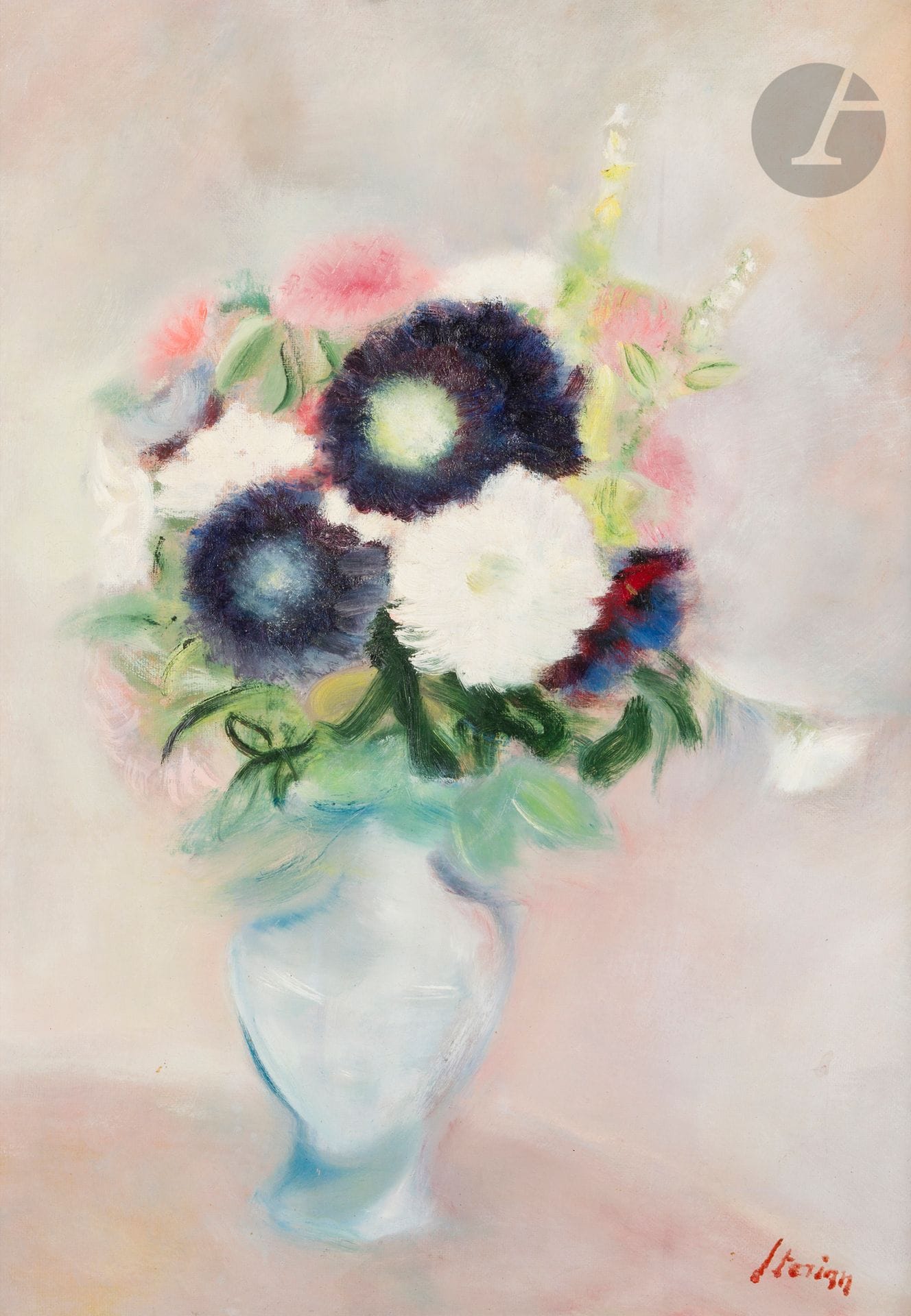 Margareta STERIAN (1897-1992)
Vase de fleurs ou Pictura P
Huile sur carton.
Signée en bas à droite.
Signée et titrée au dos.
50 x 36 cm