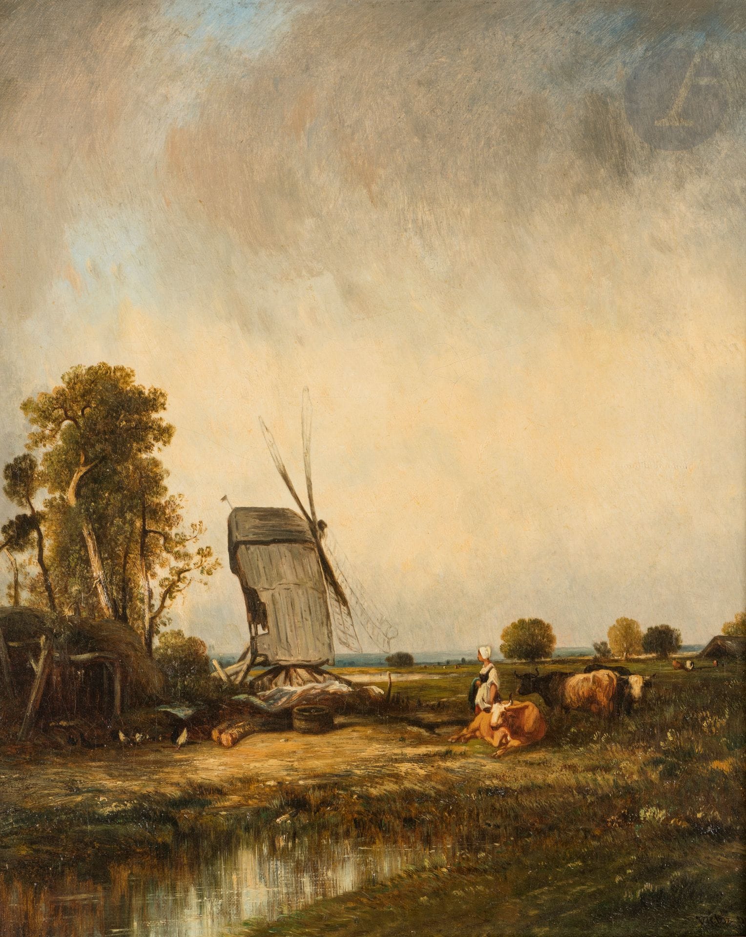 Victor DUPRÉ (1811-1889)
Shepherdess and her flock near the mill
Oil on canvas.
Signed lower right.
(Old restorations).
55 x 45 cm