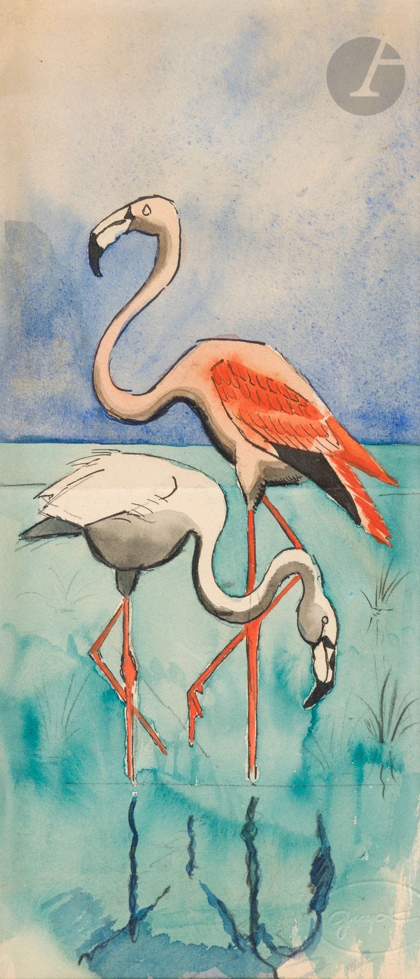 Georges-Lucien GUYOT (1885-1973)
Flamants roses
Aquarelle.
Timbre sec de l'atelier.
(Pli médiant horizontal).
25.5 x 11 cm