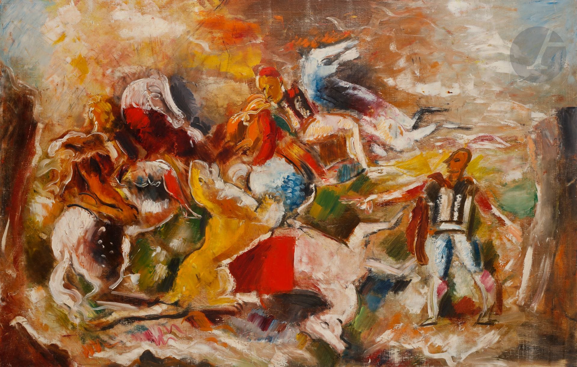 Charles DUFRESNE (1876-1938)
La Chasse au lion, vers 1930
Huile sur toile.
Non signée.
60 x 91 cm

Provenance : 
Famille de l'artiste.

Nous remercions Messieurs Thomas et Jean-Charles Dufresne pour les informations qu'ils nous ont transmises.