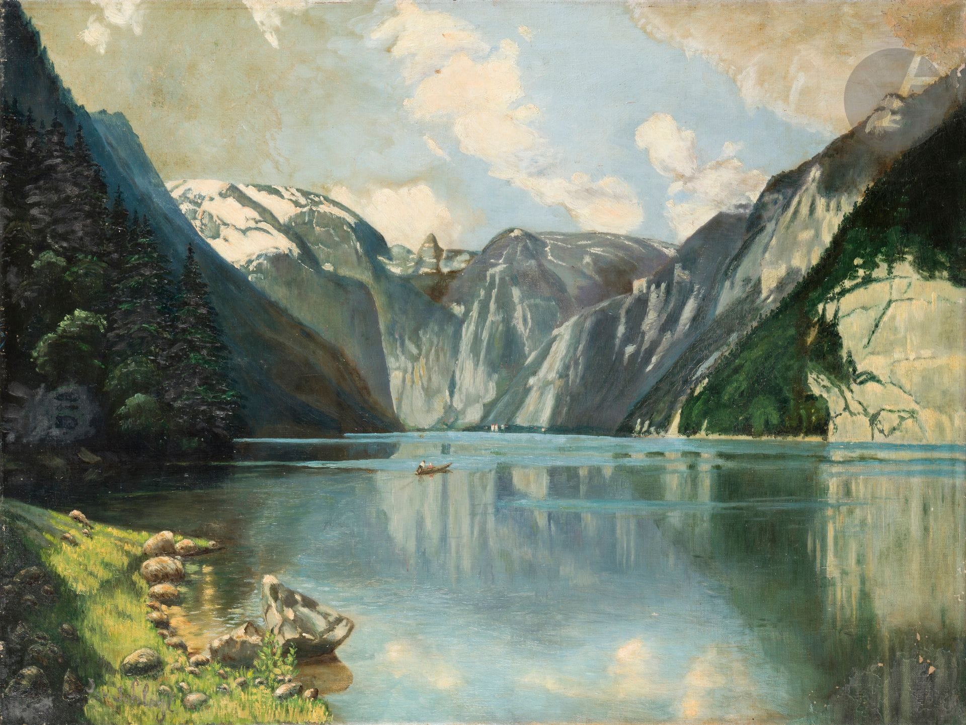 Josef von SCHLÖGL (1851-1918)
Vue d'un lac, Tyrol
Huile sur toile.
Signée en bas à gauche.
(Usures).
60 x 80 cm