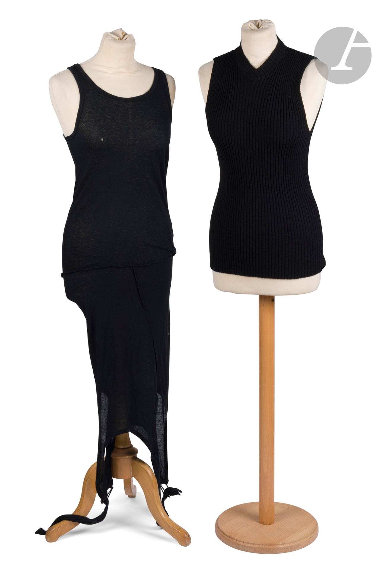 Three pieces: a VIVIENNE WESTWOOD turtleneck in black merino wool embroidered on the collar, T.XS, a black wool sleeveless sweater Jean-Paul GAULTIER Maille T.S and a black cotton top Ann DEMEULEMEESTER T.34