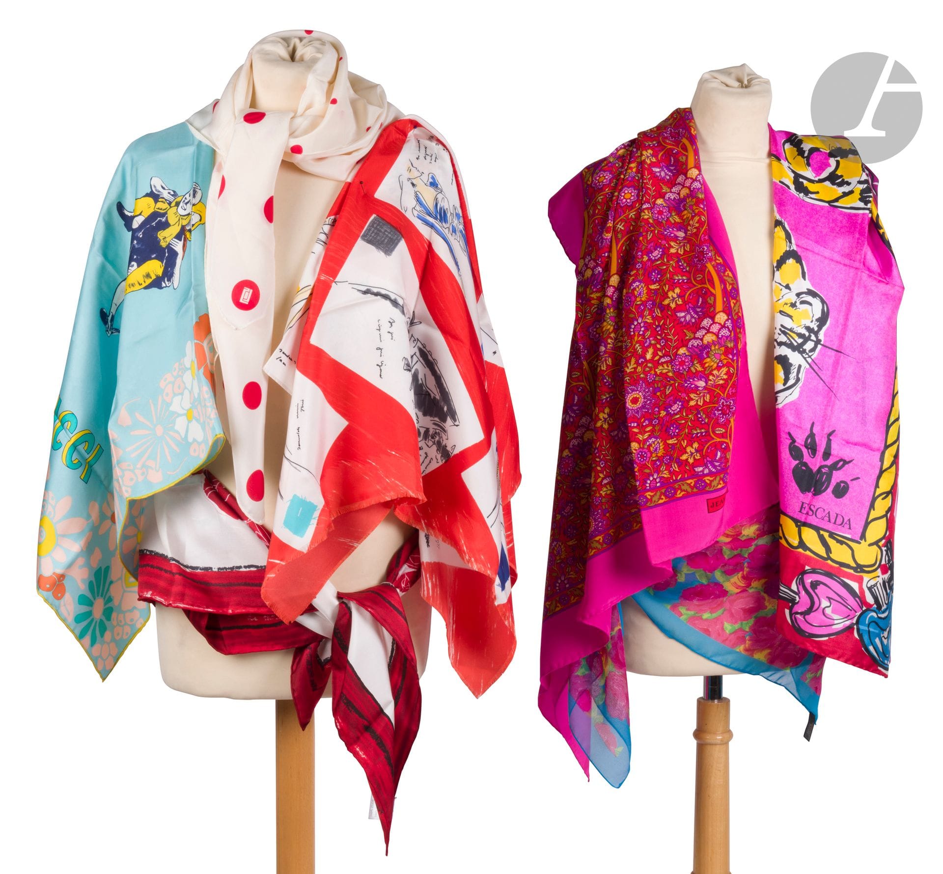 Lot of seven silk and silk chiffon scarves including Jean Patou, Givenchy, Nina Ricci, Escada, Shiseido, Ungaro parfums