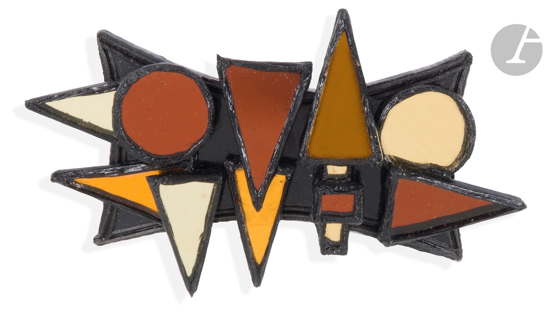 Irena JAWORSKA (1925-2021)
Black resin brooch with small geometric plates in mirror-like gold tones. Signed. 4.5 x 8 cm
Provenance: Private collection, Paris
Acquired directly from the artist