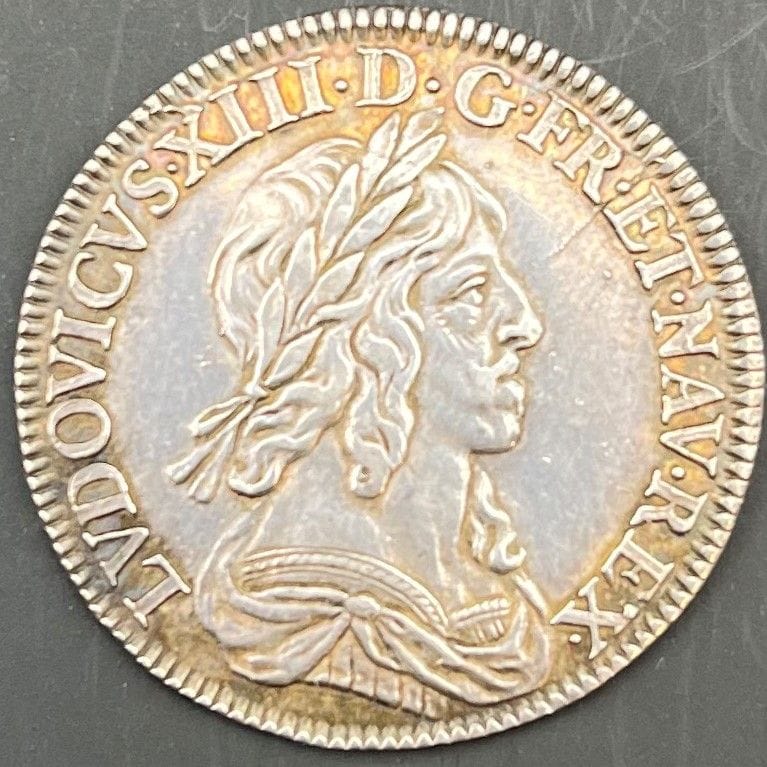 FRENCH ROYAL SILVER COINS
LOUIS XIII (1610-1643).
 Quart d'écu or 15 sols in silver, 2nd Warin hallmark (draped and cuirassed bust), 1642, A=Paris. 
D.1351 
TB+