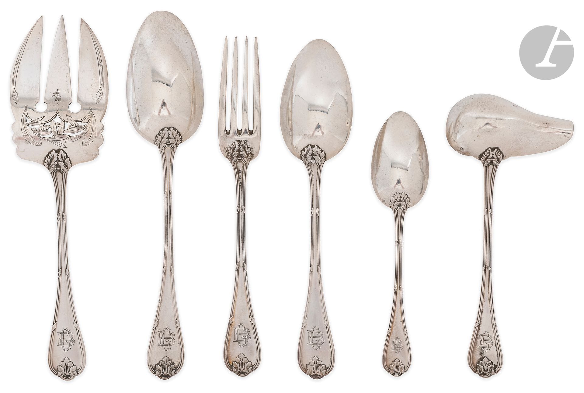 FRANCE 20th CENTURY
Part of a silver menagère, filet pattern, foliate ribbon, engraved on the spatula. Composed of 58 pieces:
- 12 table forks,
- 12 table spoons,
- 12 dessert forks,
- 12 dessert spoons,
- 2 sauce spoons,
- 2 fish cutlery sets,
- 2 serving spoons
Minerve hallmark
Goldsmith : Société Française d'Orfèvrerie fantaisie (from 1929)
Weight : 3539 g