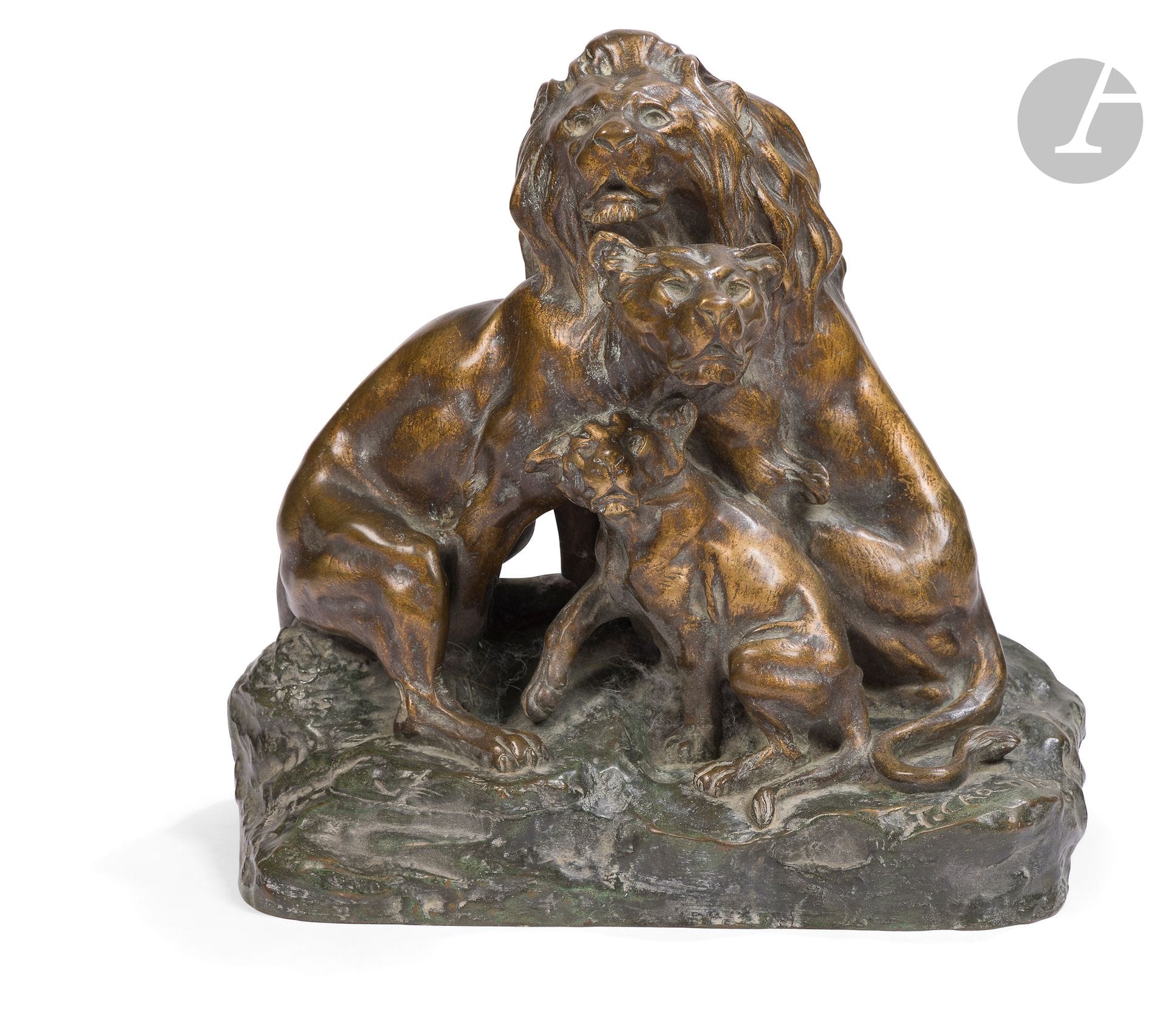 Thomas CARTIER (1879-1936)
The Lion Family
Bronze, patinated and gilded. 
Signed on the terrace.
H. 30 cm, W. 30 cm, D. 18 cm