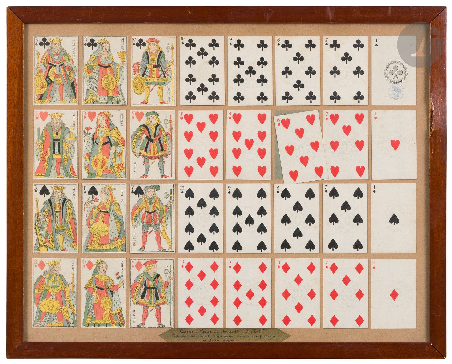 Ensemble de cartes à jouer.
Indiqué sur le cartel "Cartes à Jouer au (sic) Portraits "Une Tête" / Dernière utilisation B.P Grimaud avant suppression / 1813 - 1930"
Encadrées sous verre.
38 x 48,5 cm