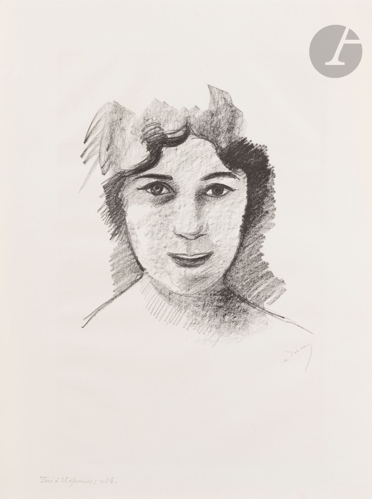 André Derain (1880-1954)
Tête de femme souriante de face. Vers 1927-1928. Lithographie. 240 x 270. Adhémar 81. Très belle épreuve sur vélin blanc filigrané « J Perrigot », signée puis annotée par l’éditeur «Tiré à 25 épreuves, n° 6 ». Toutes marges.