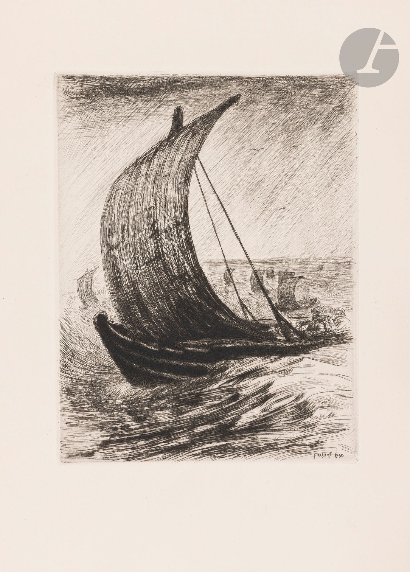 Jean Frélaut (1879-1954)
Guibert (Joseph). Le Pèlerin des sept saints de Bretagne. Paris, Maurice Le Garrec, 1938. Un vol. in-4 [215 x 287], en feuilles, illustré de 14 gravures hors-texte à l’eau-forte et à la pointe sèche et de 80 gravures sur bois in-texte, non coupé, sous chemise imprimée, très frais, numéroté, l’un des 160 exemplaires ordinaires sur vélin teinté de Rives. Tirage total à 220 ex. Cartonnage et étui de l’édition.