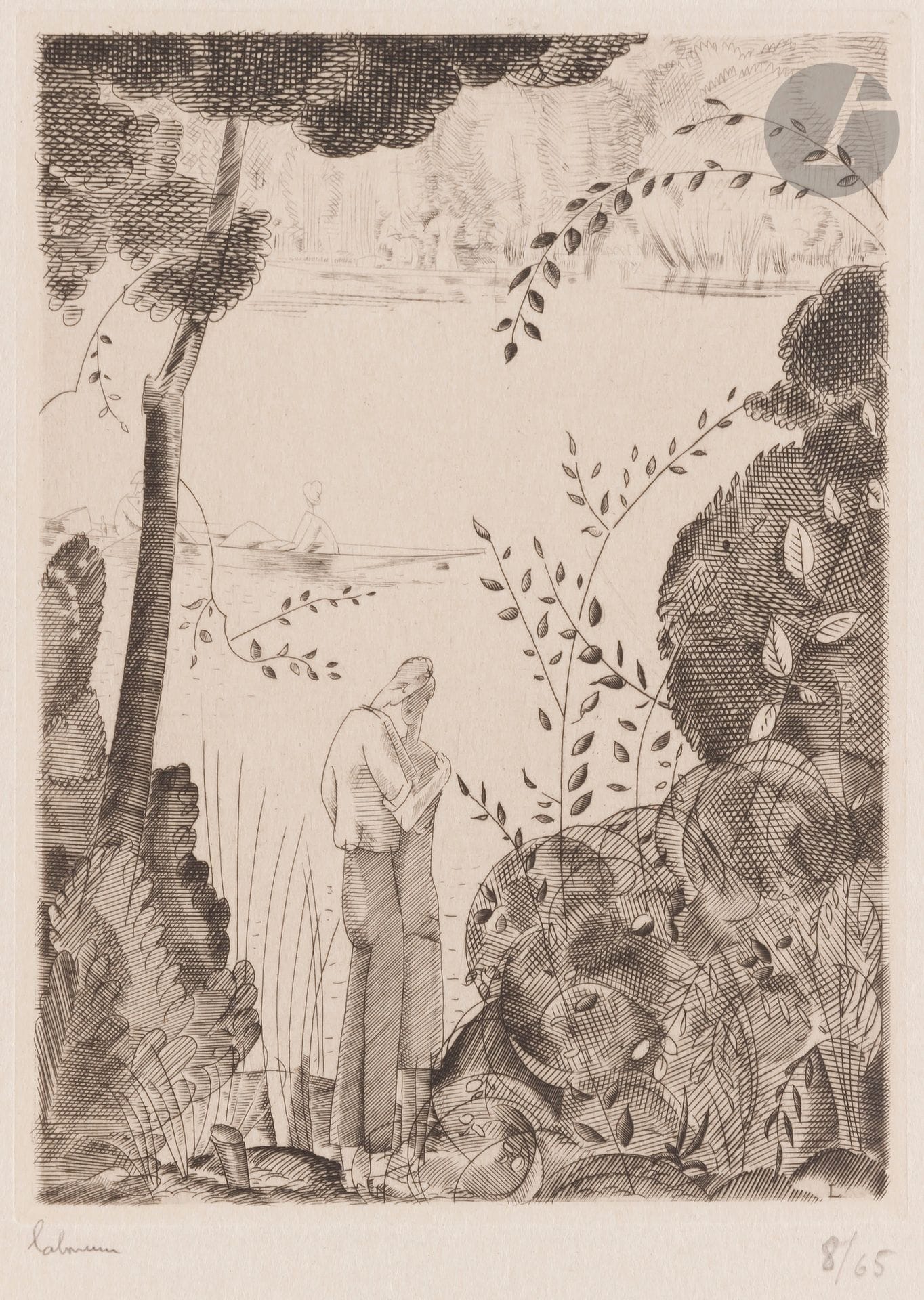 Jean-Émile Laboureur (1877-1943)
Les Amoureux du bord de l’eau. 1925. Burin. 113 x 155. Laboureur 311. Très belle épreuve sur japon, signée et numérotée au crayon. Toutes marges. Tirage à 65 épreuves. Timbre sec : H. Petiet éditeur (Lugt 2021a).