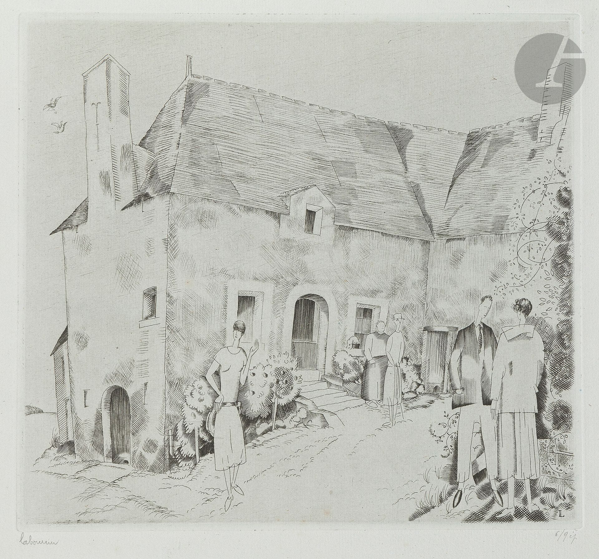 Jean-Émile Laboureur (1877-1943)
Promenade à la ferme. 1926-1927. Burin. 183 x 170. Laboureur 330. Réunion de 3 très belles épreuves sur différents papiers, des 1er, 3e et 4e états (sur 4), signées et numérotées au crayon. Toutes marges.