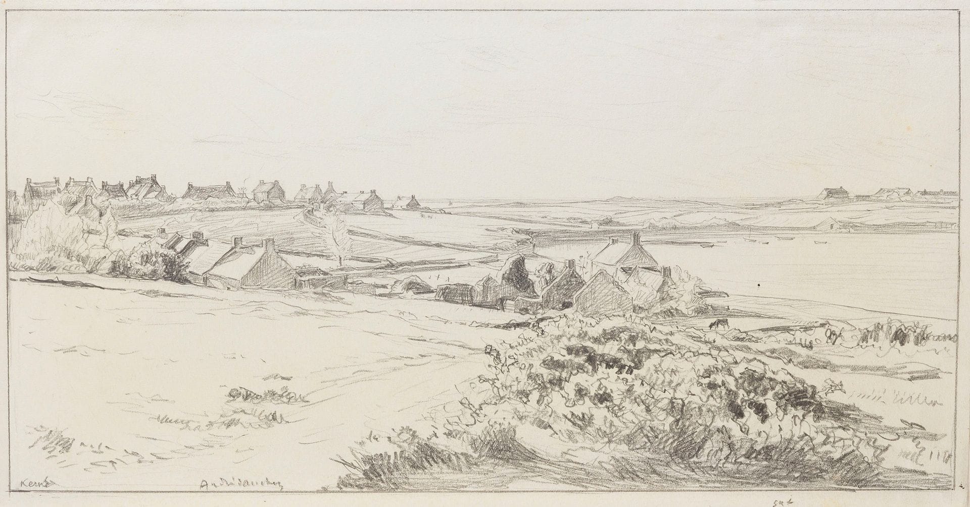 André Dauchez (1870-1948)
Village on the dune. Circa 1930.Drawing. Graphite on heavy white wove paper. [397 x 210]. Annotated "Ker[...]" and signed in the subject. Ex-coll. R. Taburet (Lugt 6158).