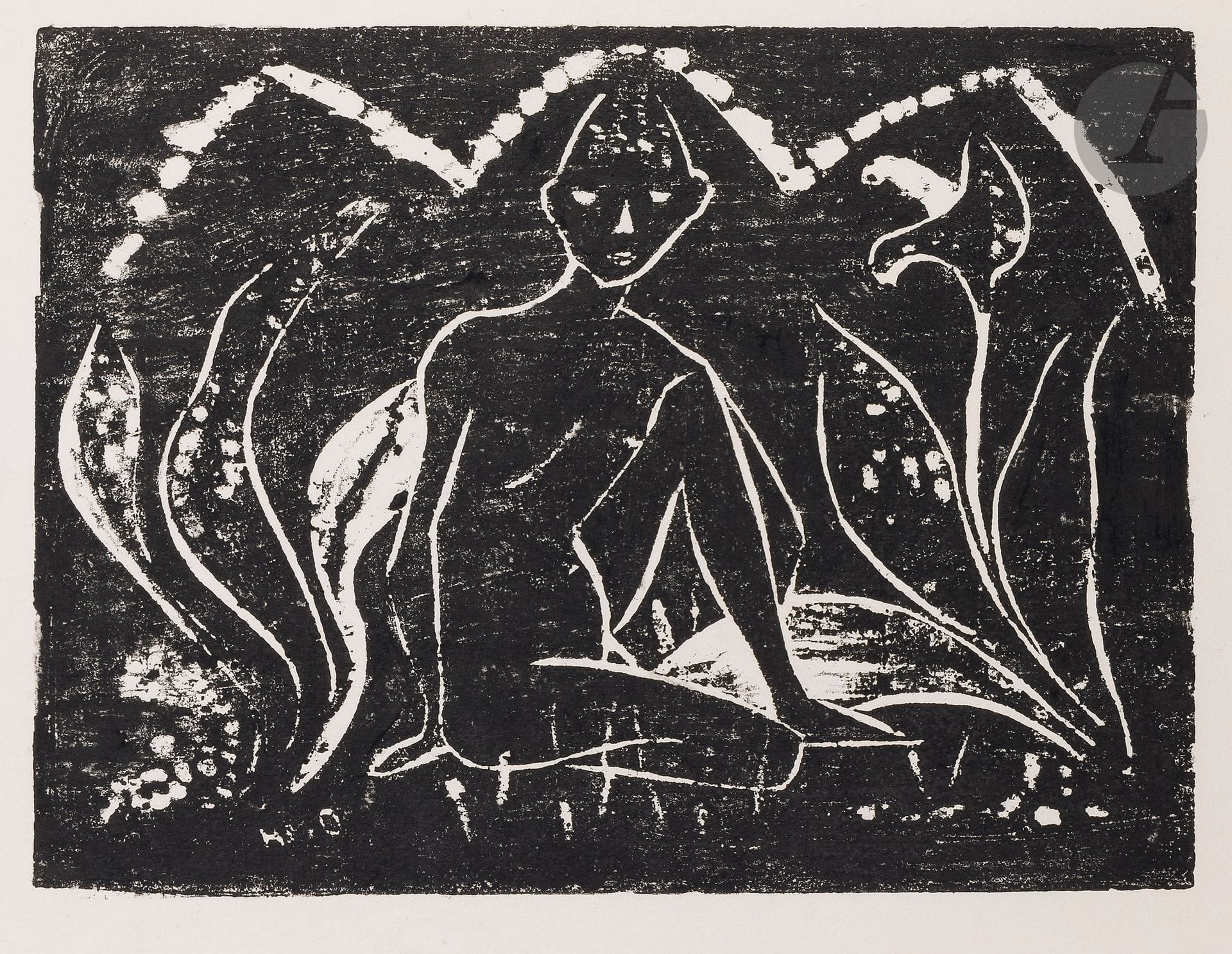 Otto Müller (1874-1930)
Knabe zwischen Blattpflanzen (Jeune garçon parmi des feuillages). 1912. Bois gravé. 370 x 275 [500 x 350]. Karsch 2. Très belle épreuve sur japon, d’un tirage postérieur, non signée. Traces d’encre en marge gauche. Annotations d’encadreur au bord droit au verso. Toutes marges.
