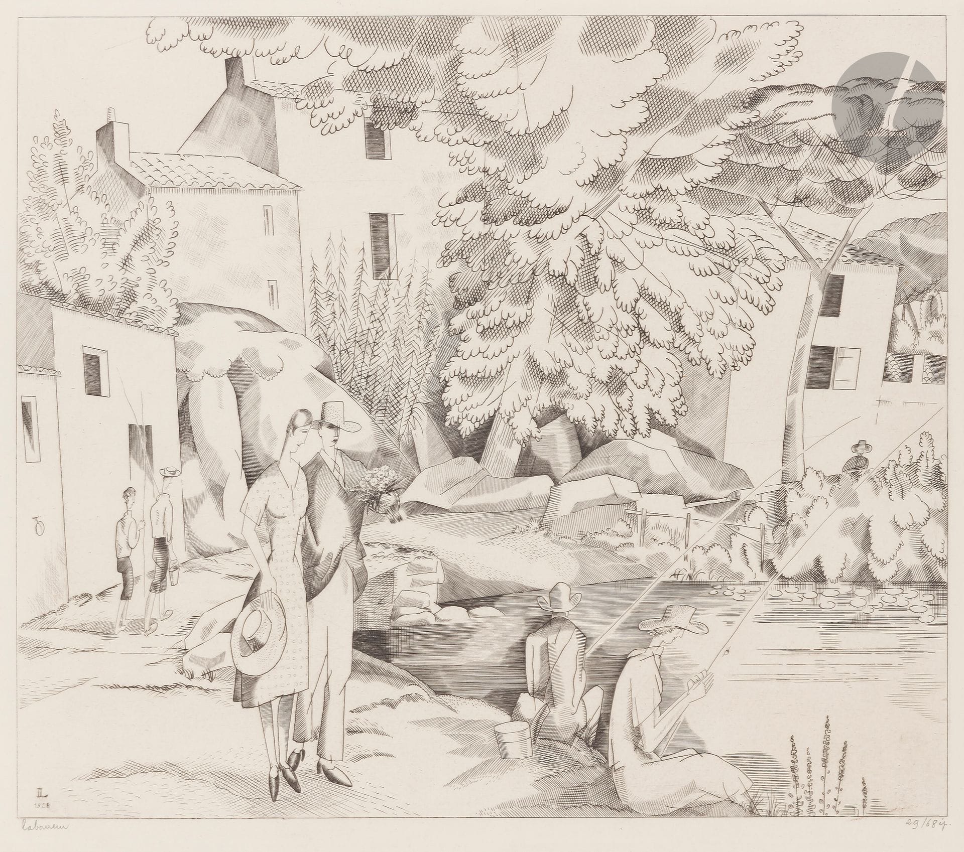 Jean-Émile Laboureur (1877-1943)
La Pêche à la ligne. 1927-1928. Burin. 270 x 239. Laboureur 361. Très belle épreuve sur vélin blanc mince, signée et numérotée au crayon. Toutes marges. Tirage à 68 épreuves.