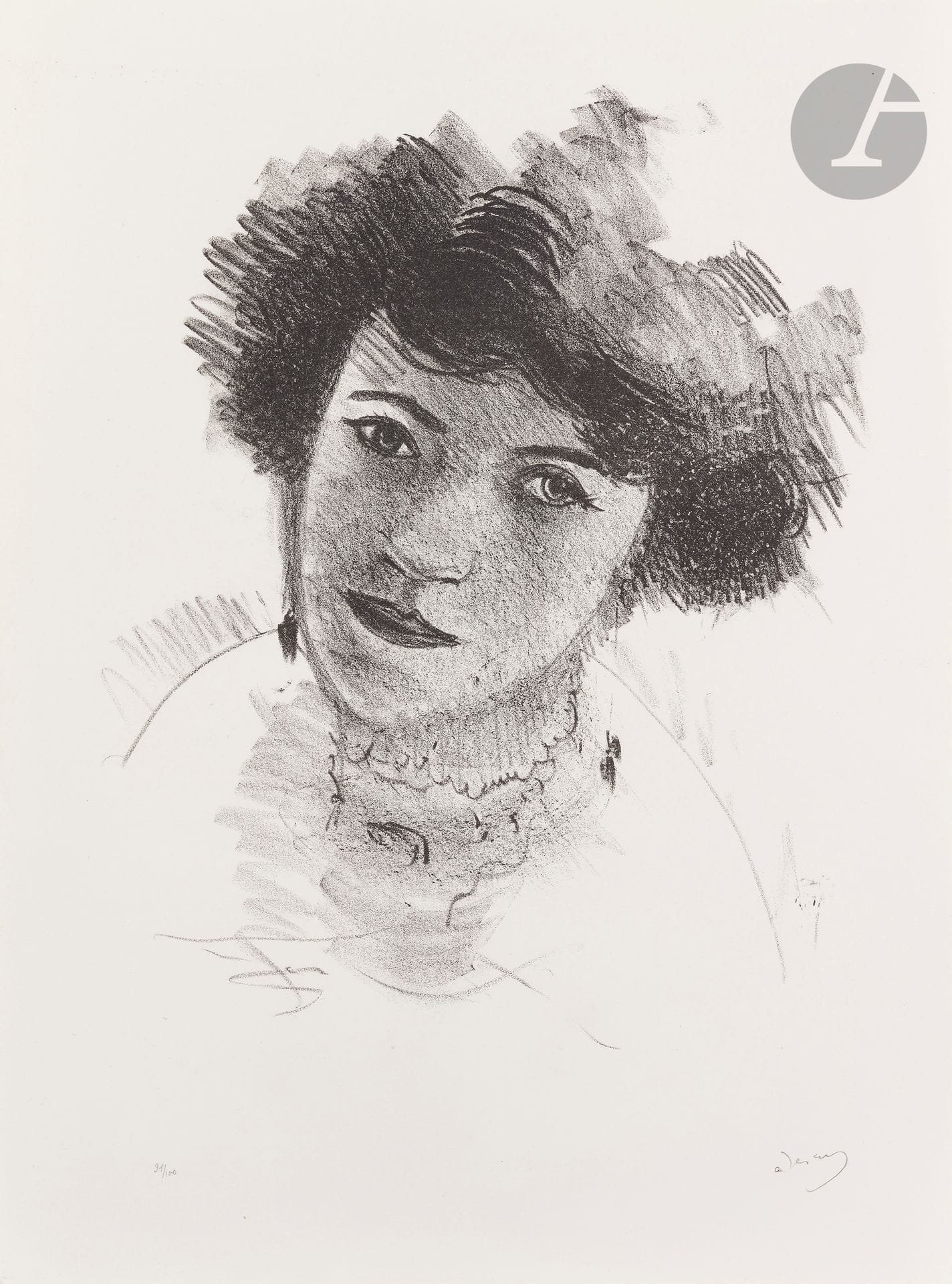André Derain (1880-1954)
Tête de femme très brune de face, avec des boucles d’oreille pendantes. (Pl. pour la suite Métamorphoses, études de femmes, Paris, éd. des Quatre Chemins, 1927). Lithographie. 300 x 375. Adhémar 71-8. Parfaite épreuve sur vélin blanc filigrané « Arches », numérotée et signée au crayon. Toutes marges. Tirage à 100 épreuves.