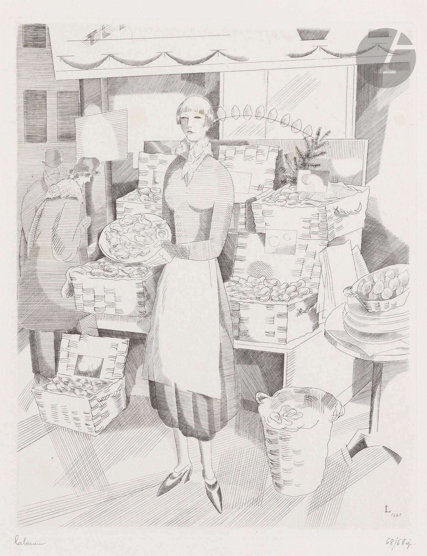 Jean-Émile Laboureur (1877-1943)
L’Écaillère. 1927-1928. Burin. 156 x 197. Laboureur 357. Très belle épreuve sur vélin blanc mince, numérotée et signée au crayon. Infime rousseurs claires. Toutes marges. Tirage à 68 épreuves.