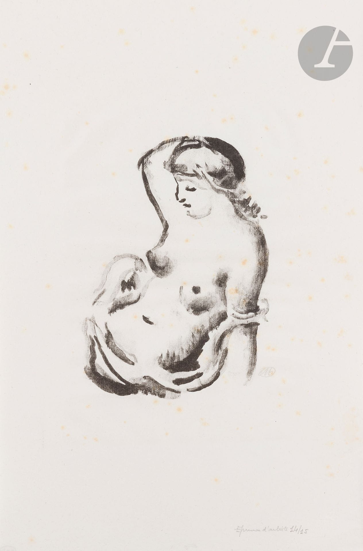 Aristide Maillol (1861-1944)
Femme assise vue à mi-corps. 1927. Lavis lithographique. 130 x 185. Guérin 290. Belle épreuve sur vergé de Montval, signée du monogramme par l’artiste et annotée en pied par l’éditeur « Epreuve d’artiste 14/15 ». Rousseurs claires éparses. Toutes marges. Timbre sec : H. Petiet éditeur Paris (Lugt 2021a). Ex-coll. H. M. Petiet (Lugt 5031).