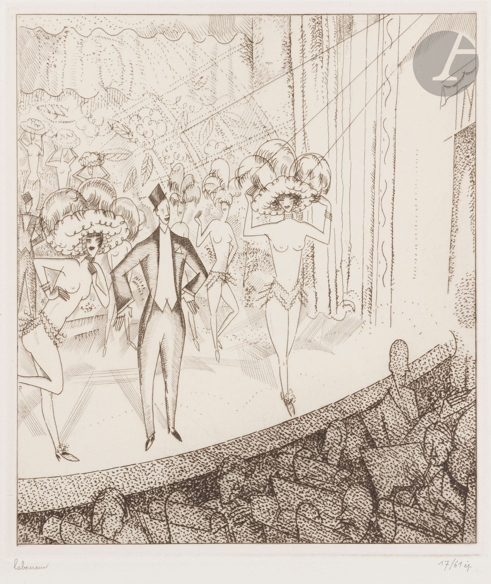 Jean-Émile Laboureur (1877-1943)
Le Nu au music-hall. 1931. Eau-forte. 180 x 208. Laboureur 436. Parfaite épreuve sur vélin blanc mince, numérotée et signée au crayon.