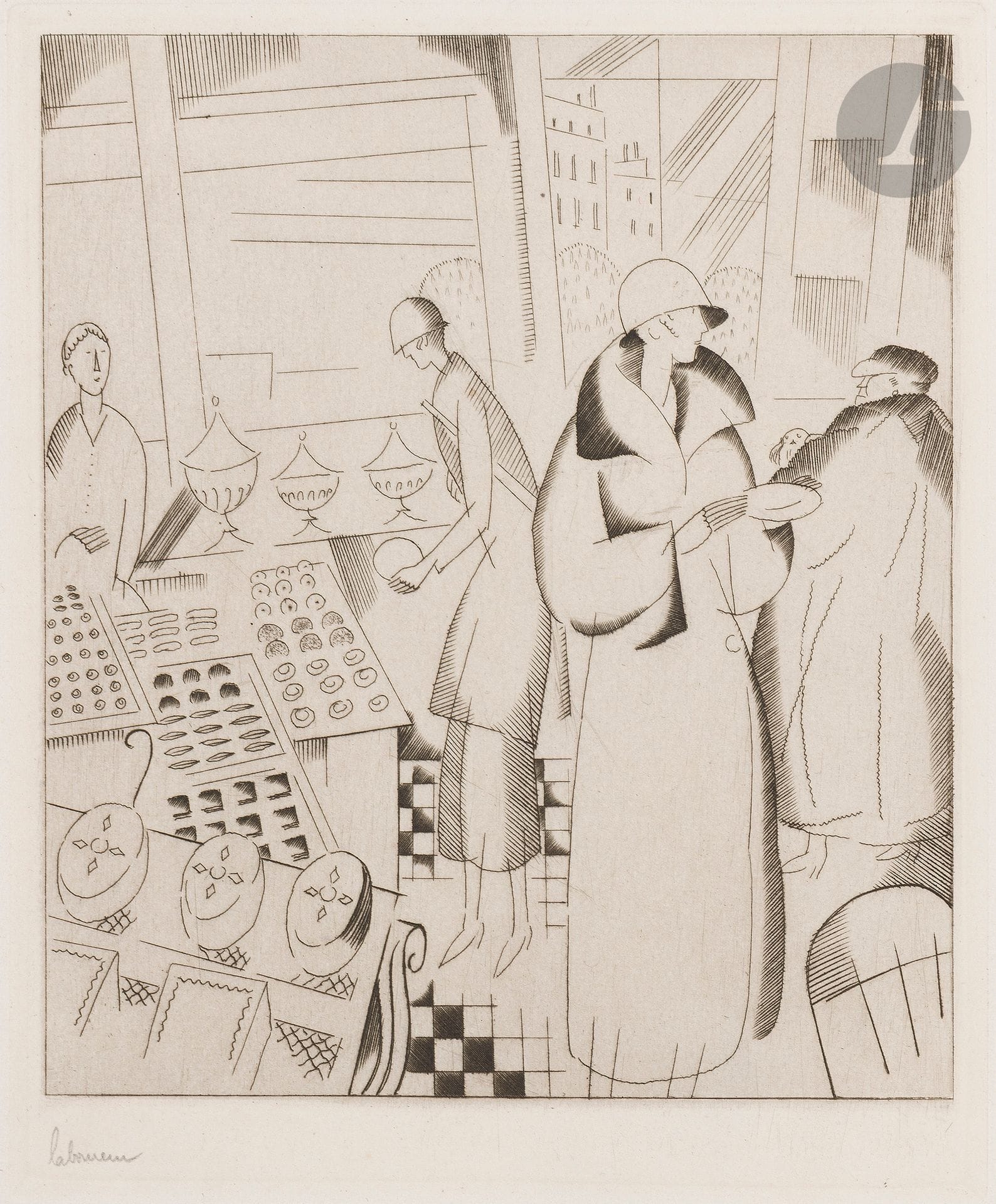 Jean-Émile Laboureur (1877-1943)
Chez le pâtissier. 1924. Burin. 113 x 138. Laboureur 278. Réunion de 3 très belles épreuves sur vélin mince, des 1er, 2e et 3e états (sur 3), signées au crayon, le 2e état numéroté, d’un tirage à 25 épreuves, avec timbre sec : H. Petiet éditeur Paris (Lugt 2021a). Toutes marges. Tirage total à 55 épreuves.