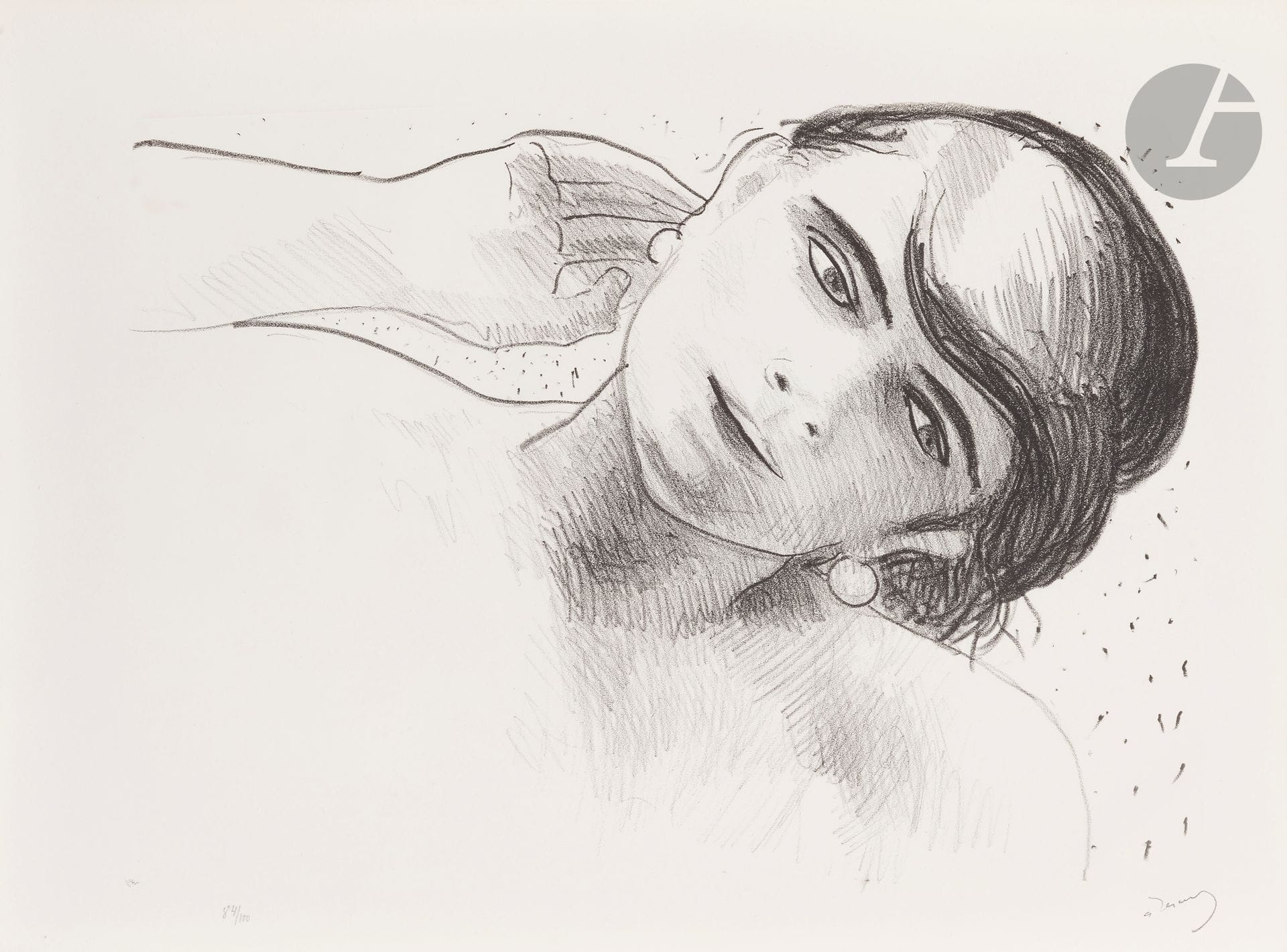 André Derain (1880-1954)
Head of a woman in front, holding a hand to her ear (Pl. for the suite Métamorphoses, études de femmes, Paris, ed. des Quatre Chemins, 1927). Lithograph. 415 x 308. Adhémar 71-10. Perfect proof on "Arches" watermarked white vellum, numbered and signed in pencil. Very marked stone indentation. Full margins. Edition of 100 proofs.