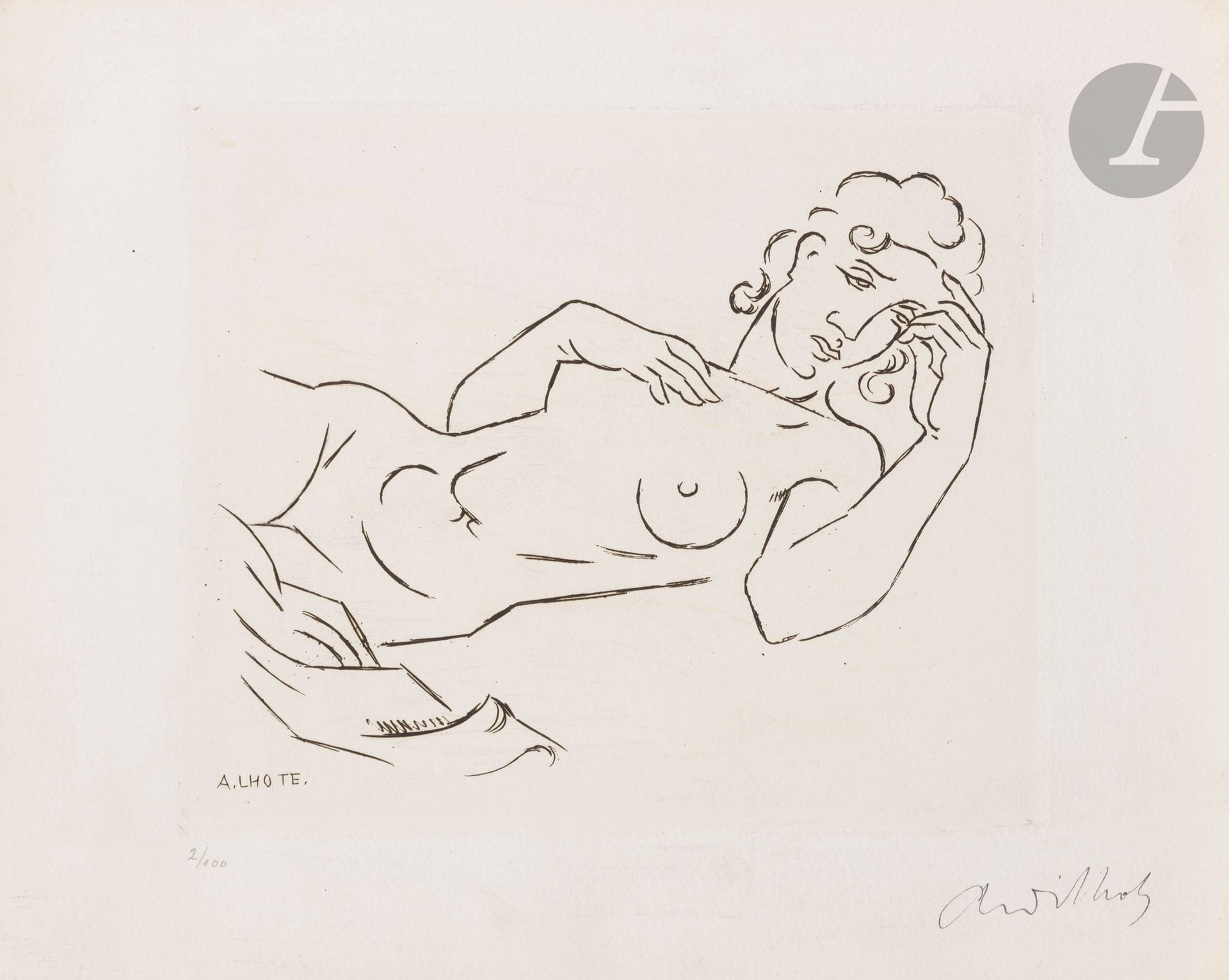 André Lhote (1888-1955)
Femme nue allongée à mi-corps. Vers 1927. Eau-forte. 189 x 162. Très belle épreuve sur vélin blanc fort, numérotée au crayon et signée à la plume et à l’encre. Infime empoussiérage marginal. Tirage à 100 épreuves pour L’Art d’aujourd’hui, A. Morancé éd.