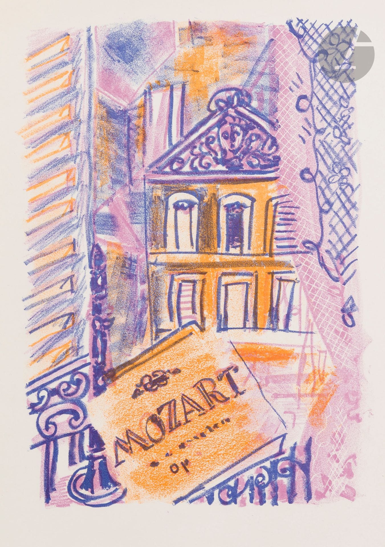Raoul Dufy (1877-1953)
Hommage à Mozart (illustration pour un ouvrage). Vers 1930-1940. Lithographie. 214 x 154. Impression en couleurs. Très belle épreuve sur vélin blanc, non signée. Très claire trace d’oxydation en tête du feuillet. Toutes marges.
