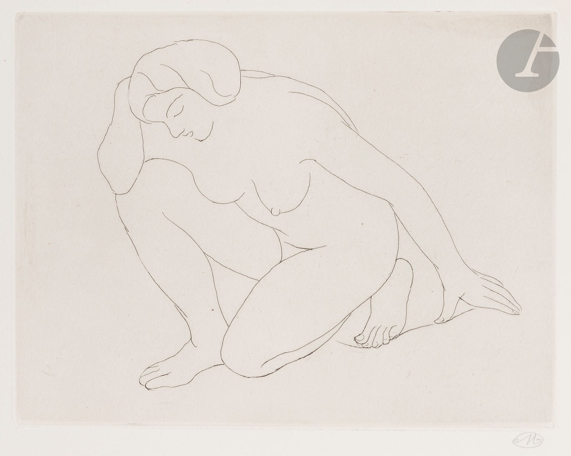 Aristide Maillol (1861-1944)
Woman kneeling on her left knee... 1927. Etching. 270 x 210. Guérin 327. Very fine proof on thin vellum, numbered and signed with the monogram in pencil. Fine oblique broken fold in the upper left corner of the sheet. Full margins.