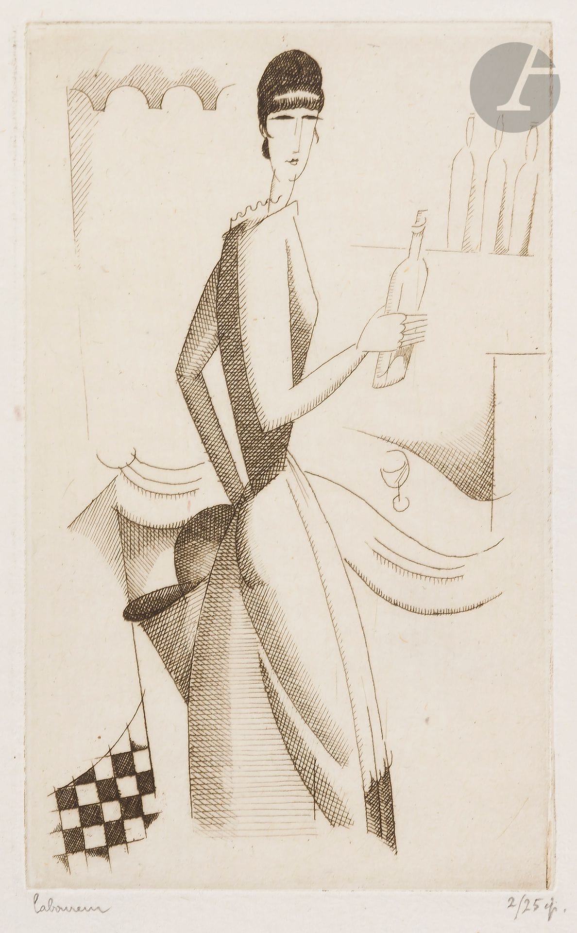 Jean-Émile Laboureur (1877-1943)
La Fille au litre (petite pl.). 1920. Burin. 70 x 117. Laboureur 197. Belle épreuve sur vergé ancien, l’une des 25 du 1er état (sur 2), avant le monogramme et le titre gravés, signée et numérotée au crayon. Toutes marges.