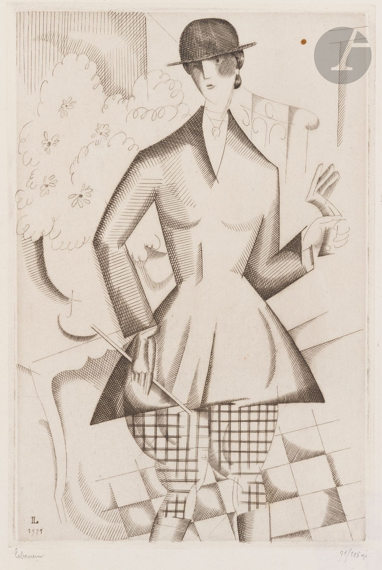Jean-Émile Laboureur (1877-1943)
La Cavalière. 1921. Burin. 140 x 205. Laboureur 210. Très belle épreuve sur vélin mince, signée et numérotée au crayon. Une petite tache brune circulaire dans le sujet en haut à droite. Au verso timbre de l’éditeur (Soc. des Amis de la Gravure, Lyon). Toutes marges. Tirage à 105 épreuves.