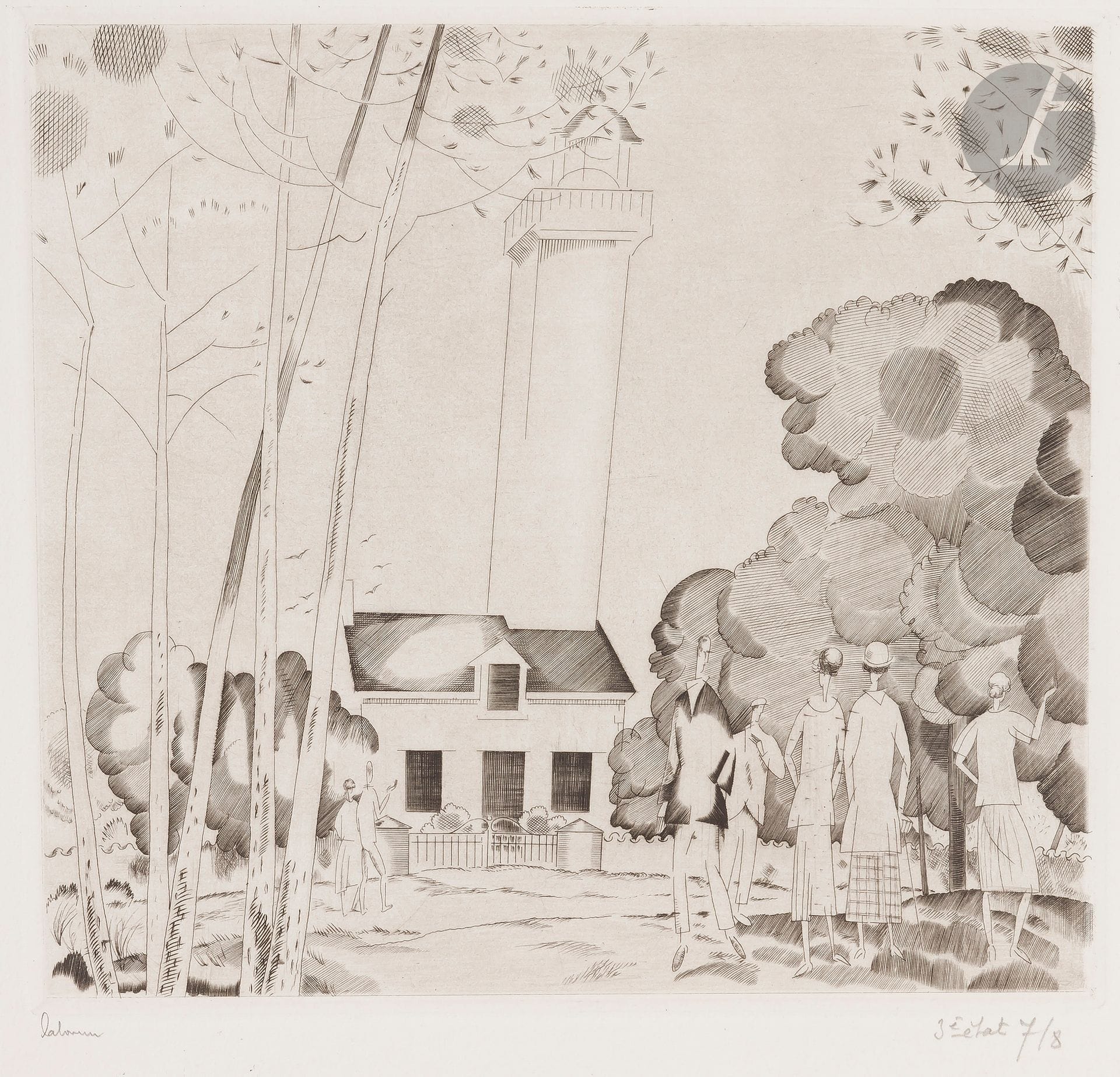Jean-Émile Laboureur (1877-1943)
La Promenade au phare. 1925. Burin. 180 x 168. Laboureur 302. Très belle épreuve sur vélin blanc mince, de l’état définitif, signée et annotée par l’éditeur « 3e état 7/8 ». Toutes marges. Tirage définitif à 70 épreuves. Timbre sec : H. Petiet éditeur (Lugt 2021a).
