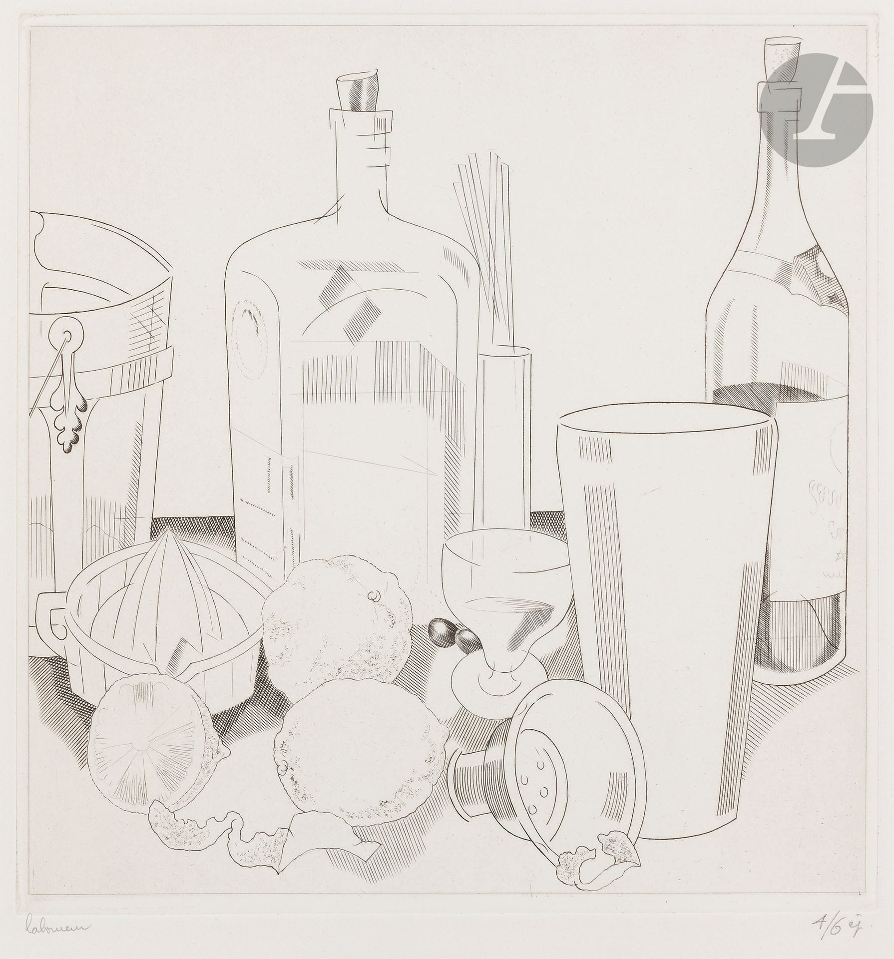 Jean-Émile Laboureur (1877-1943)
Cocktails. 1931. Burin. 190 x 202. Laboureur 438. Très belle épreuve sur vélin blanc, du 1er état (sur 3), avant de nombreuses tailles, notamment les figures à l’arrière-plan, signée et numérotée au crayon puis annotée « 1er Etat » dans l’angle inférieur gauche. Toutes marges. Joint : même sujet. Dessin préparatoire. Mine de plomb sur vélin blanc fort [248 x 264], signé au crayon et monogrammé en bas à gauche dans le sujet. Ens. 2 p.
