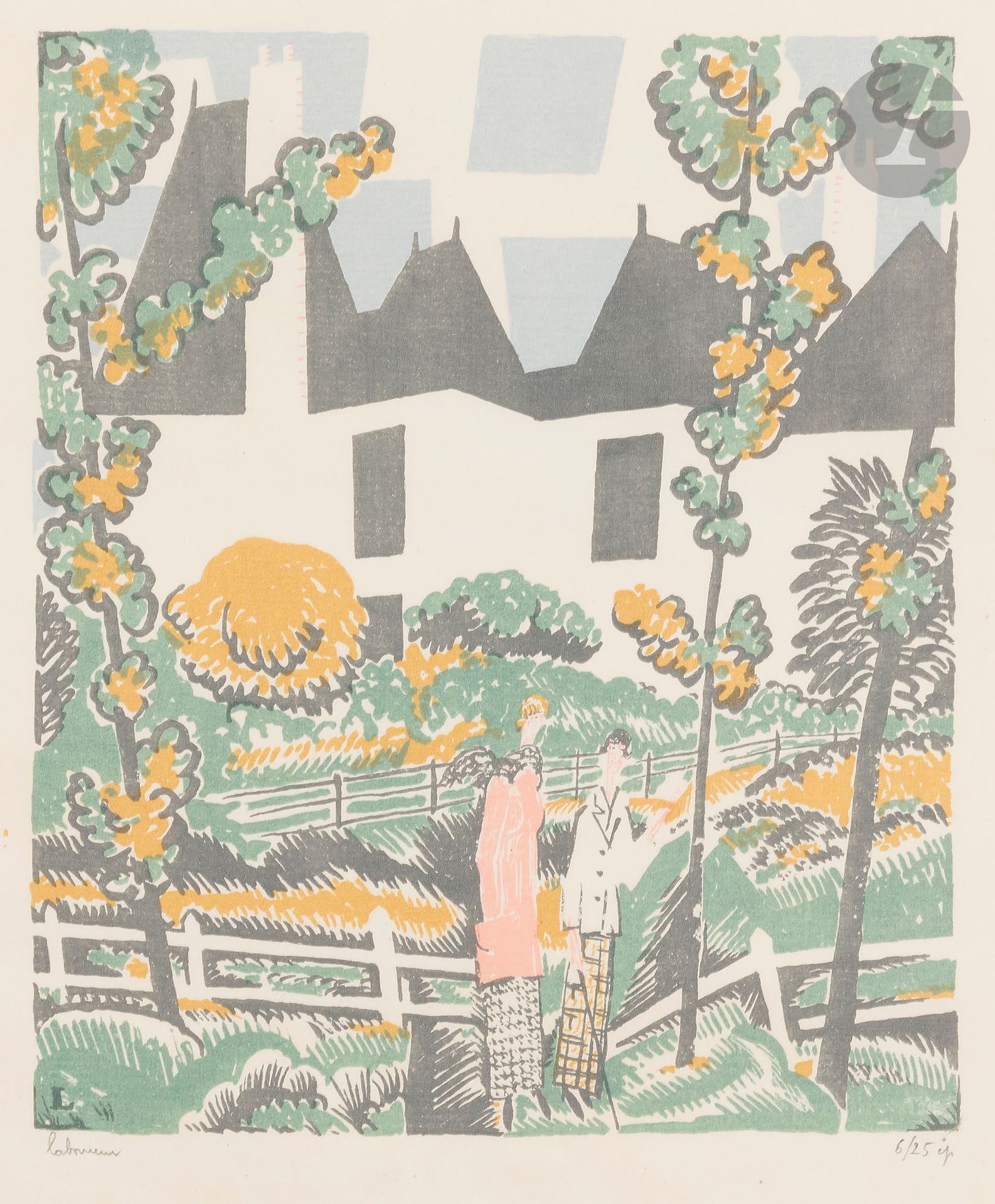 Jean-Émile Laboureur (1877-1943)
Le Départ pour la promenade. 1924. Lithographie. 150 x 180. Laboureur 777. Impression en couleurs. Belle épreuve sur vergé mince ivoire, signée et numérotée au crayon. Traces d’oxydation, notamment en pied du feuillet. Toutes marges. Tirage à 25 épreuves.