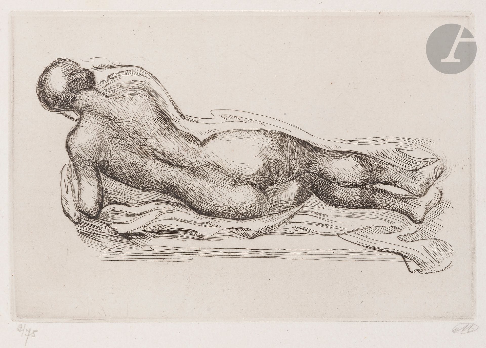 Aristide Maillol (1861-1944)
Lying Woman with Drapery (large pl.). 1926. Etching. 203 x 134. Guérin 324. Very fine proof on white laid paper, numbered and signed with the monogram in pencil. Full margins. Edition of 75 proofs. Dry stamp: H. Petiet éditeur Paris (Lugt 2021a).
