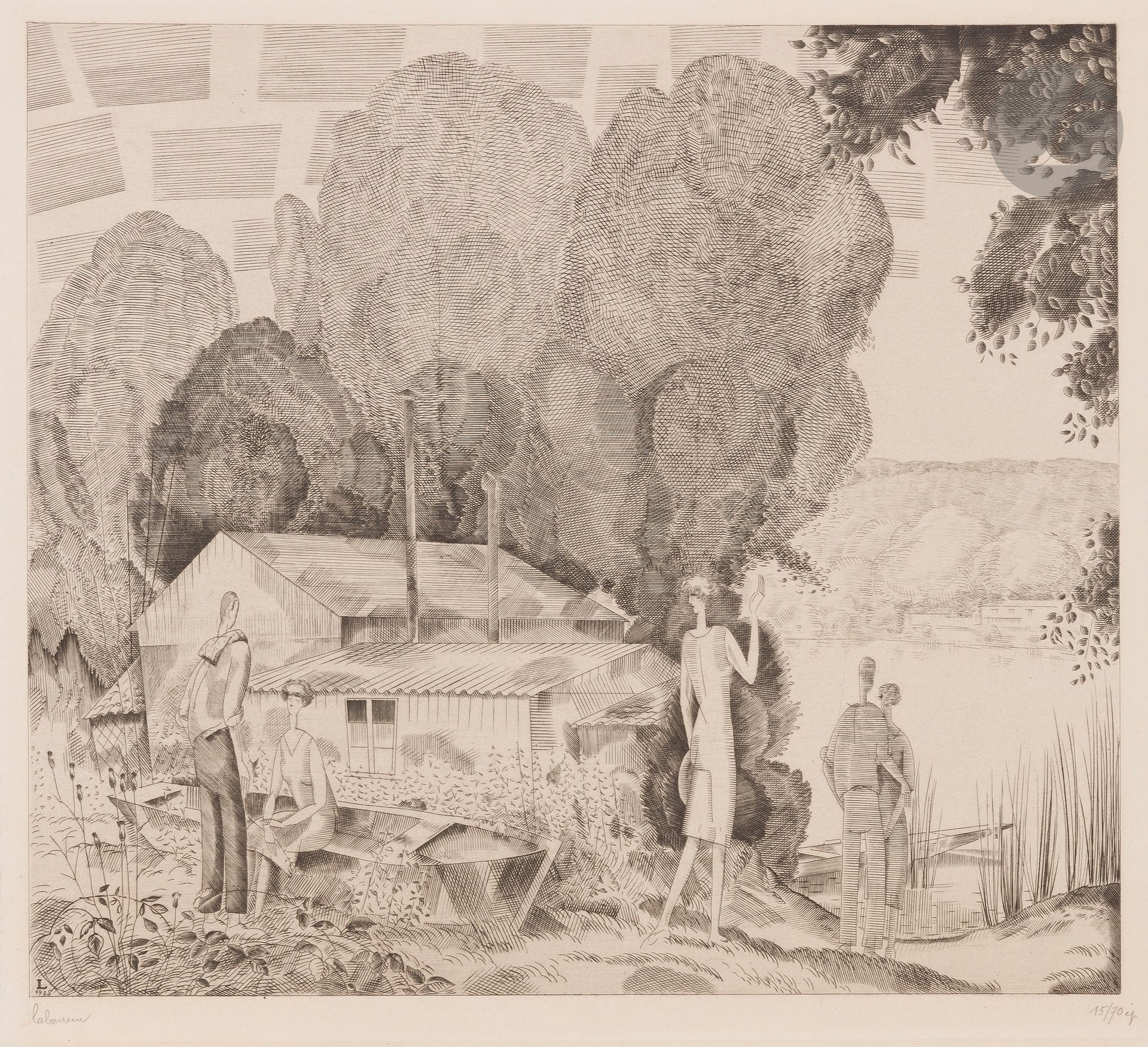 Jean-Émile Laboureur (1877-1943)
L’Auberge au bord de l’eau (grande pl.). 1925-1926. Burin. 260 x 240. Laboureur 317. Très belle épreuve sur vélin fort ivoire, signée et numérotée au crayon puis titrée en pied. Infimes salissures aux bords du feuillet. Toutes marges. Tirage à 70 épreuves.