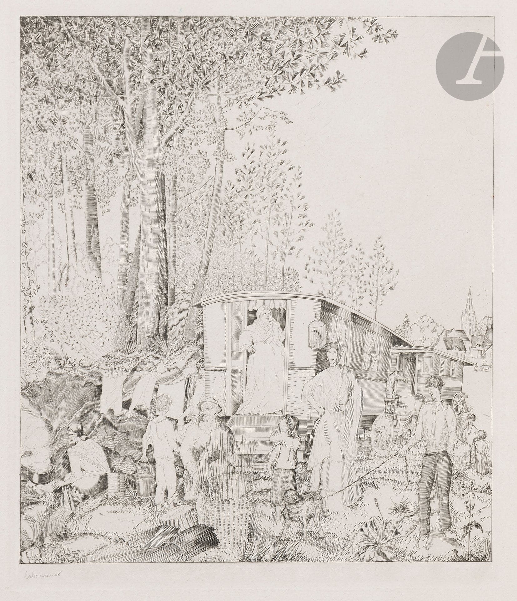 Jean-Émile Laboureur (1877-1943)
La Halte des bohémiens. 1938. Burin. 277 x 325. Laboureur 539. Très belle épreuve sur vergé, signée au crayon. Toutes marges. Tirage à 108 épreuves. Timbre sec : Société des Peintres-Graveurs Français (Lugt 1195a). Joint : Le Kiosque à journaux. 1920. Burin. 205 x 297. Laboureur 198. Très belle épreuve sur vélin blanc, du tirage pour la revue Architecture (1921), numérotée au composteur dans l’angle supérieur droit du feuillet. Quelques infimes rousseurs. Toutes marges. Ens. 2 p.
