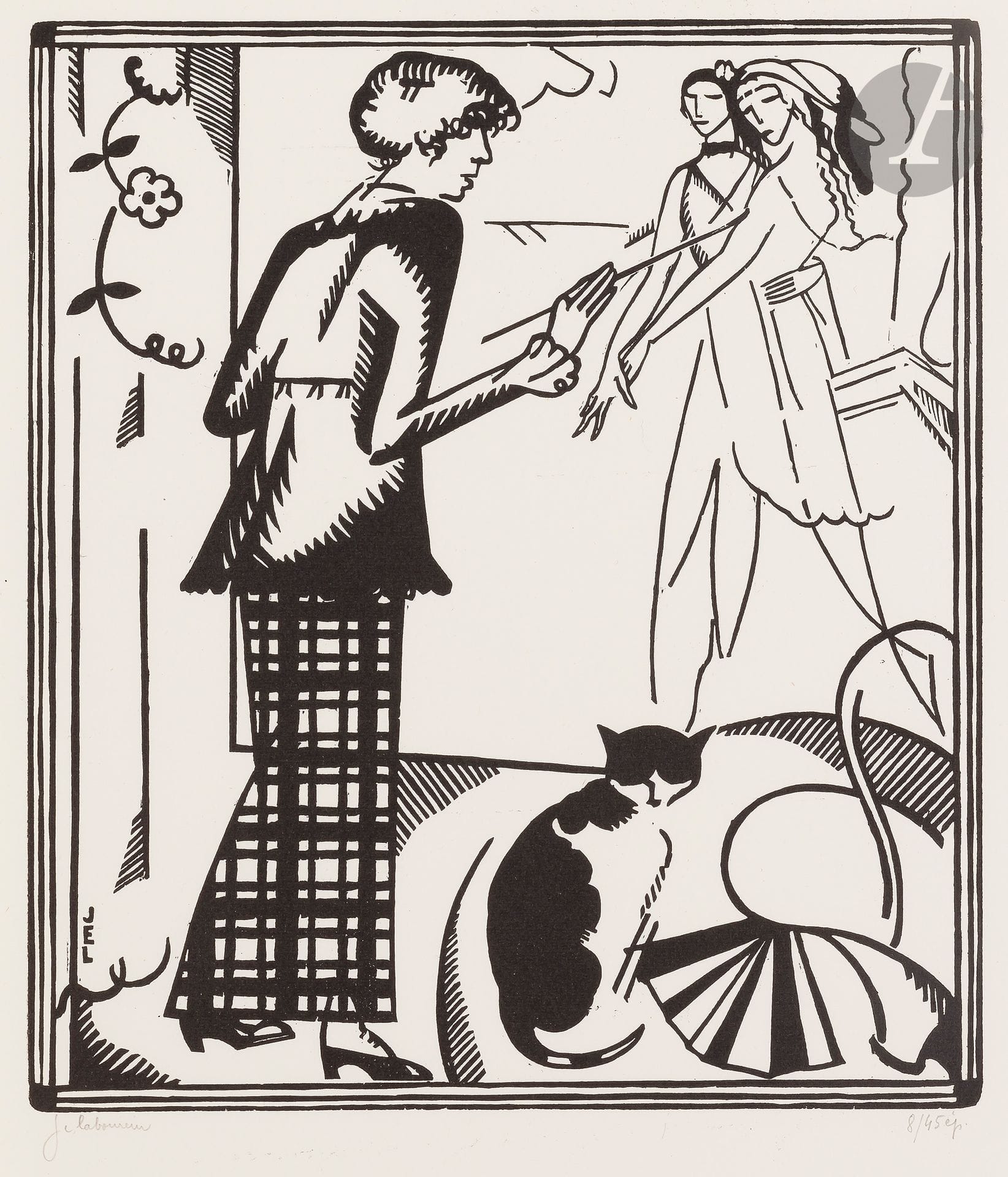 Jean-Émile Laboureur (1877-1943)
Portrait : Marie Laurencin. 1914. Bois gravé. 216 x 249. Laboureur 707. Très belle épreuve sur vélin blanc, signée et numérotée au crayon. Légères traces de plis horizontaux au bord supérieur du feuillet. Toutes marges. Tirage à 45 épreuves.