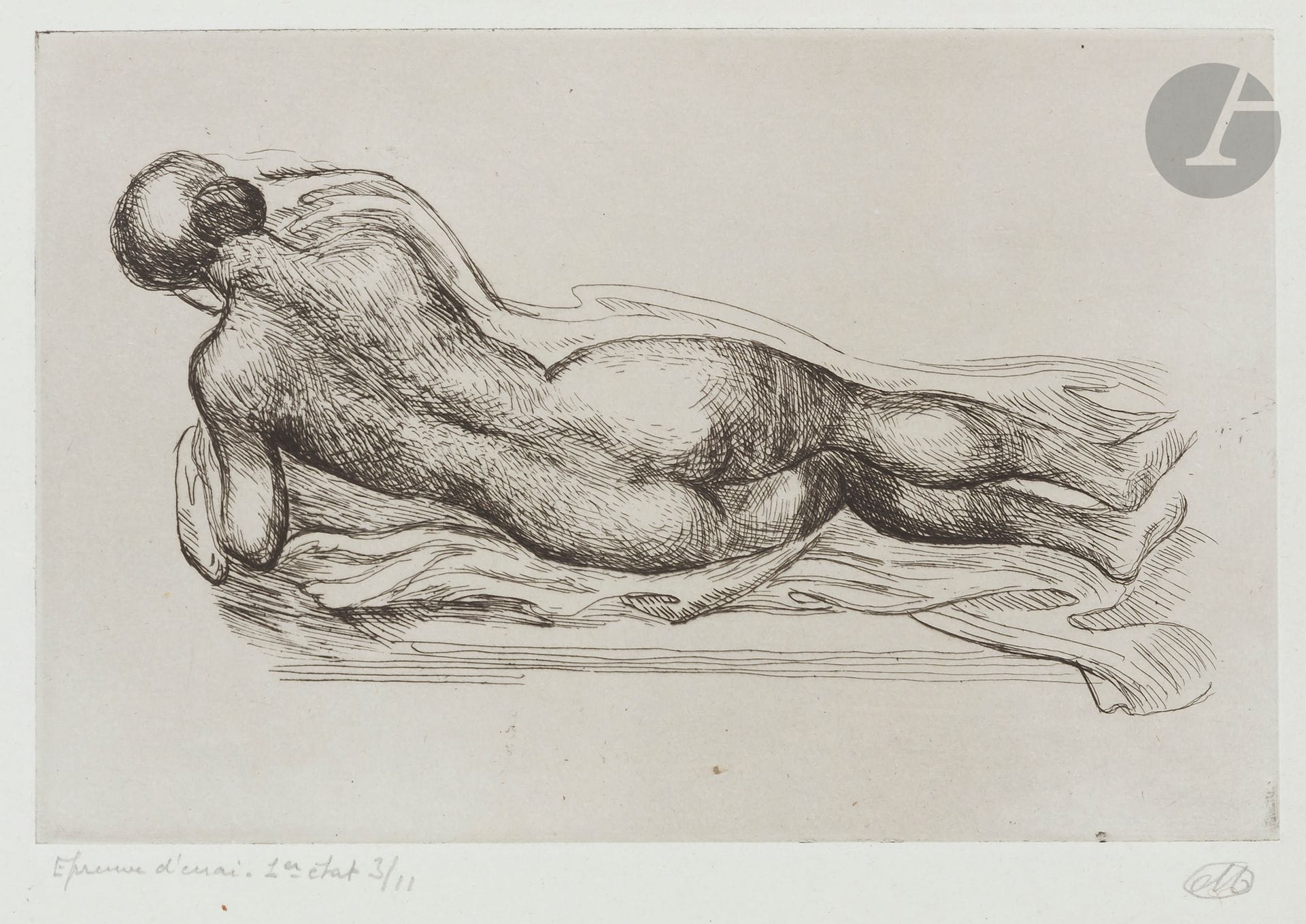 Aristide Maillol (1861-1944)
Lying Woman with Drapery (large pl.). 1926. Etching. 203 x 134. Guérin 324. Very fine proof on old azure laid paper, annotated by the publisher "Epreuve d'essai 1er etat 3/11" and signed with the monogram in pencil. Slight oxidation (normal) at the edges of the folio and old figures in sepia ink at the left edge. Full margins.