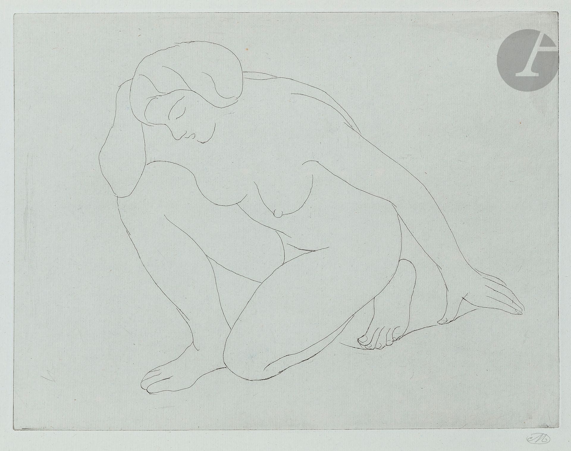 Aristide Maillol (1861-1944)
Woman kneeling on her left knee... 1927. Etching. 270 x 210. Guérin 327. Very fine proof on old azure laid paper, annotated in the lower left corner by the publisher "1er état 22/28" and signed with the monogram in pencil. Fine band of normal oxidation to the edges of the folio. Full margins.