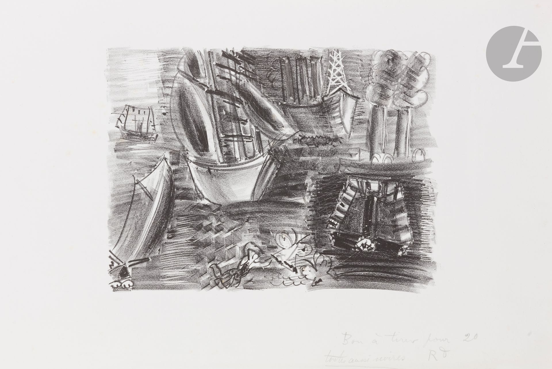 Raoul Dufy (1877-1953)
Voiliers et papillons. Vers 1930. Lithographie. 270 x 200. Très belle et fraîche épreuve sur vélin blanc fort, annotée en pied au crayon « Bon à tirer pour 20 / toutes aussi noires » et signées du monogramme. Toutes marges.
